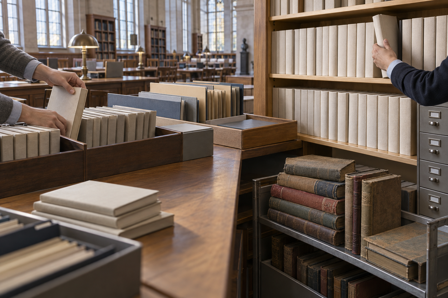 Library workers sort blank-spined books between a bright reading shelf and a less visible lower archive stack.