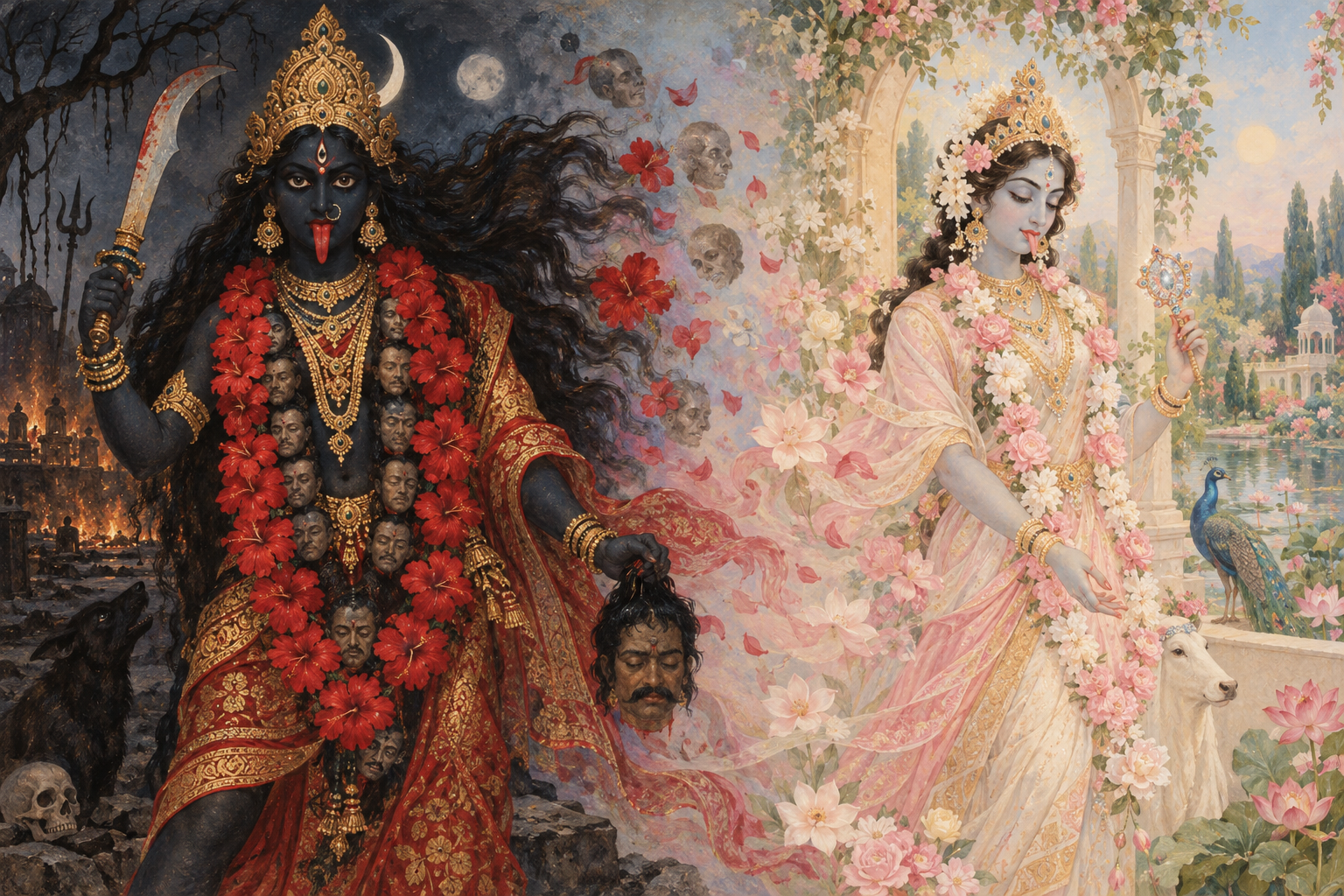 A diptych contrasts an ornamented image of Kali that retains her sword, extended tongue, garland, and cremation-ground setting with a softened floral figure from which those features have disappeared.