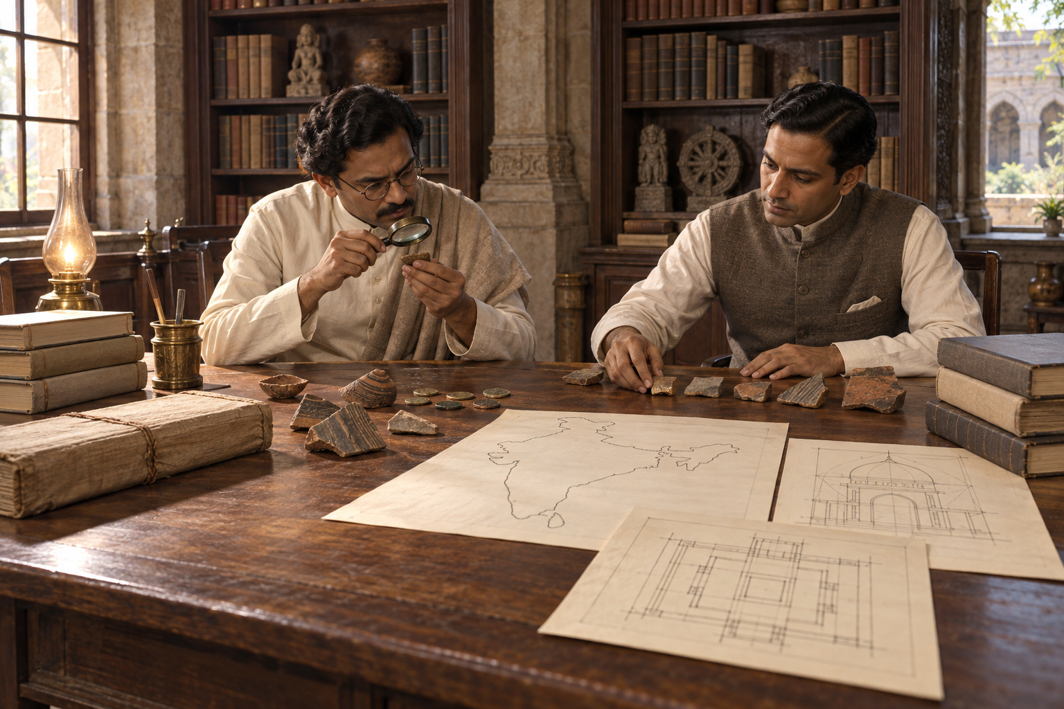 Two fictional twentieth-century Indian historians compare manuscripts, coins, pottery, maps, and books at a research table.