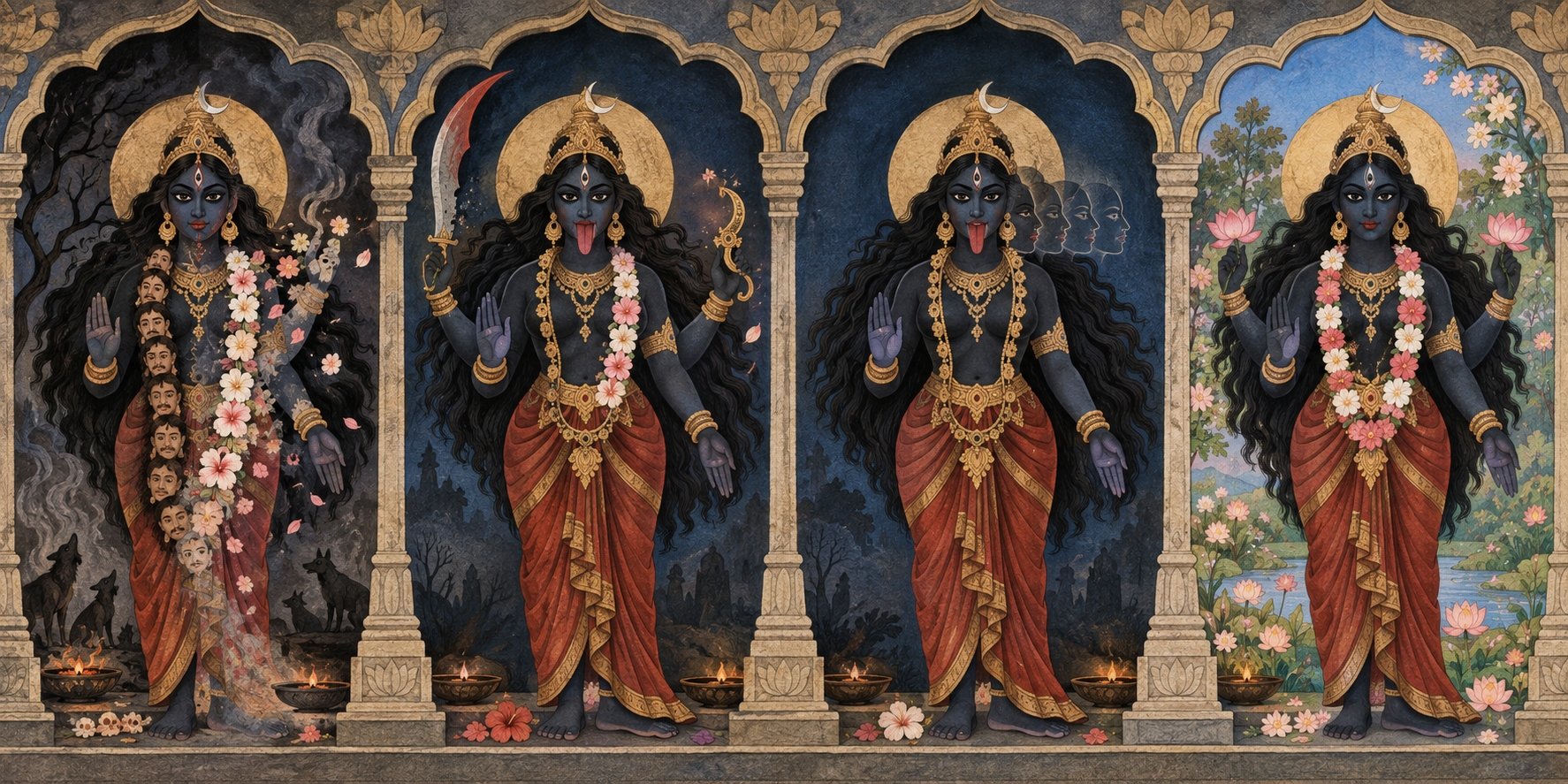 Four connected scenes show Kali's head garland becoming flowers, her sword becoming decorative, her tongue being shortened, and her cremation-ground setting turning into a pastel garden.