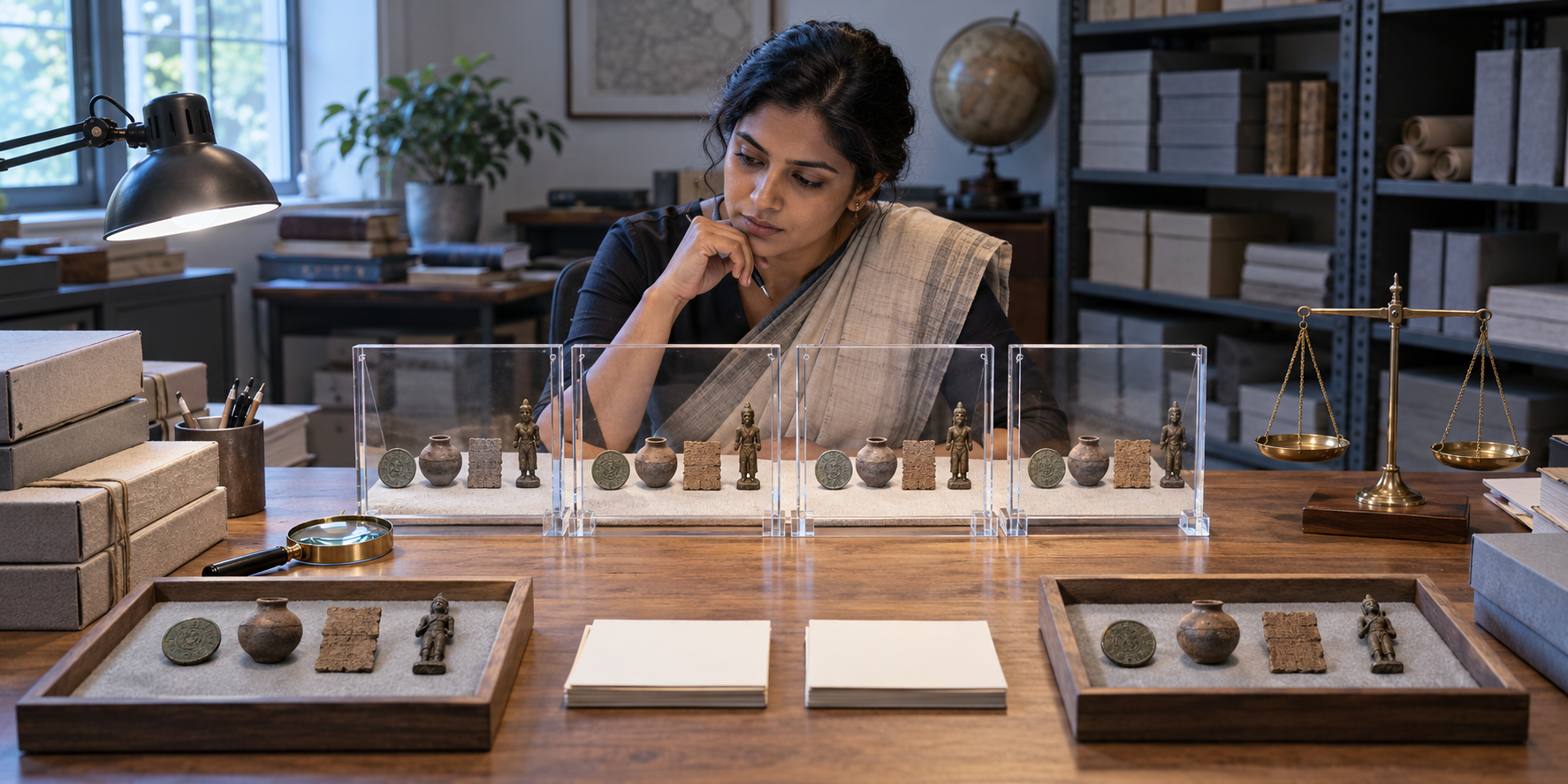 A historian compares the same archival objects through several transparent frames beside a magnifying glass and balanced scale.