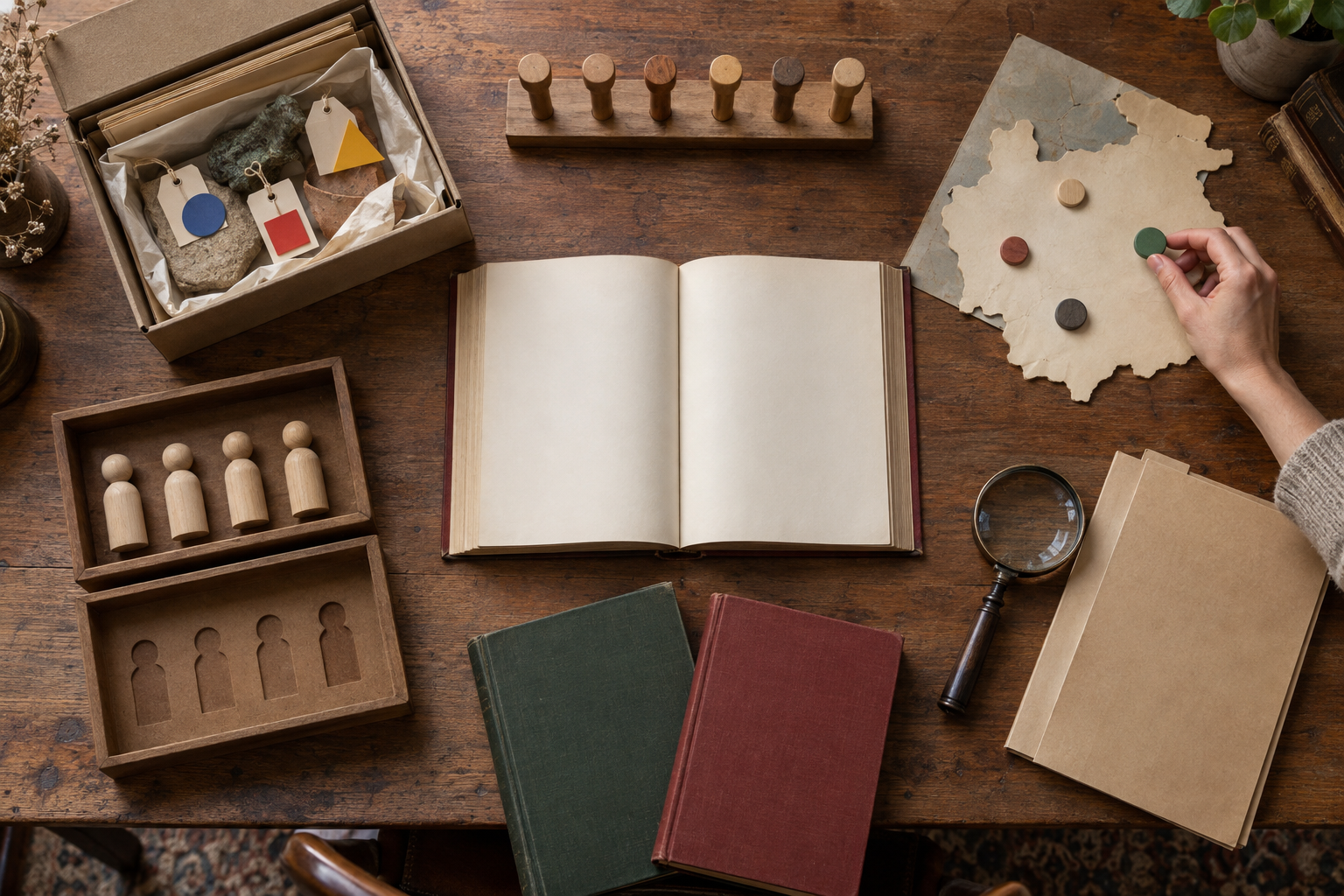 An open blank textbook is surrounded by six organized stations containing archival sources, timeline markers, a map, evidence trays, books, and a magnifier.