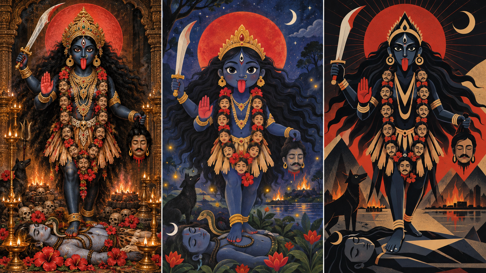 Three panels present Kali in detailed temple art, a simplified children's illustration, and a modern geometric design while retaining her dark form, tongue, sword, garland, and sacred gestures.