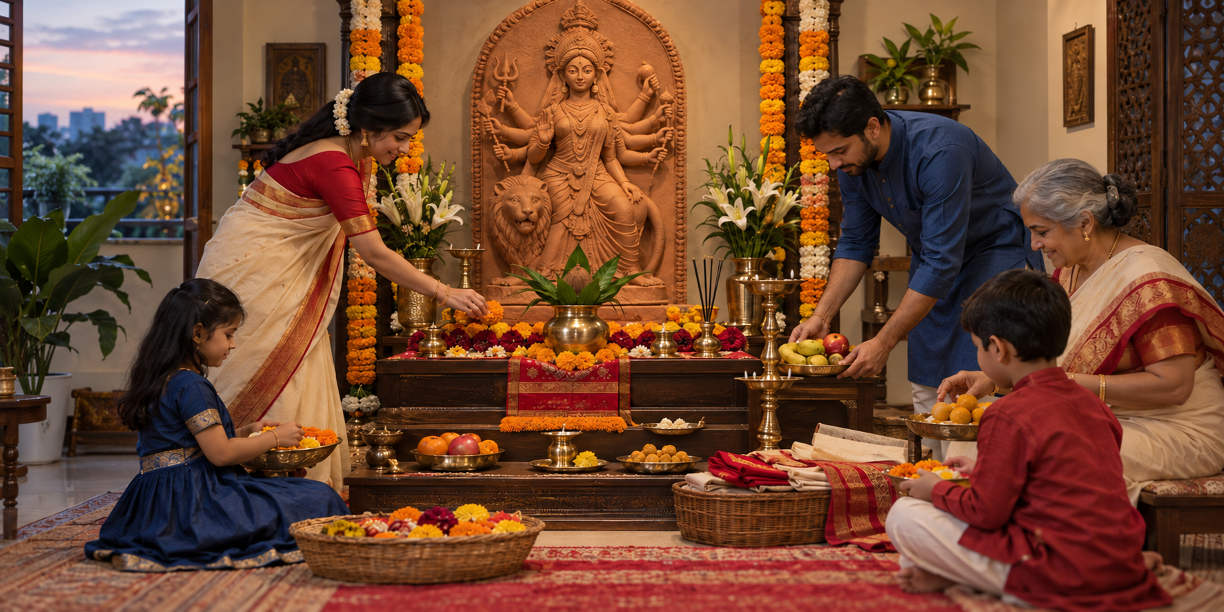 A family arranges flowers, lamps, fruit, and other offerings around a Durga altar in a home prayer room.