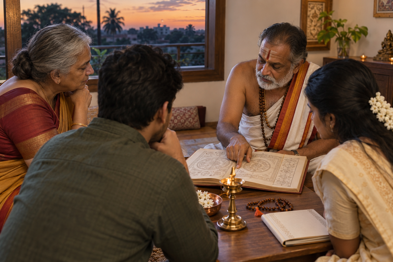Family members consult an elder beside an open almanac, prayer beads, and a brass lamp at a low table.