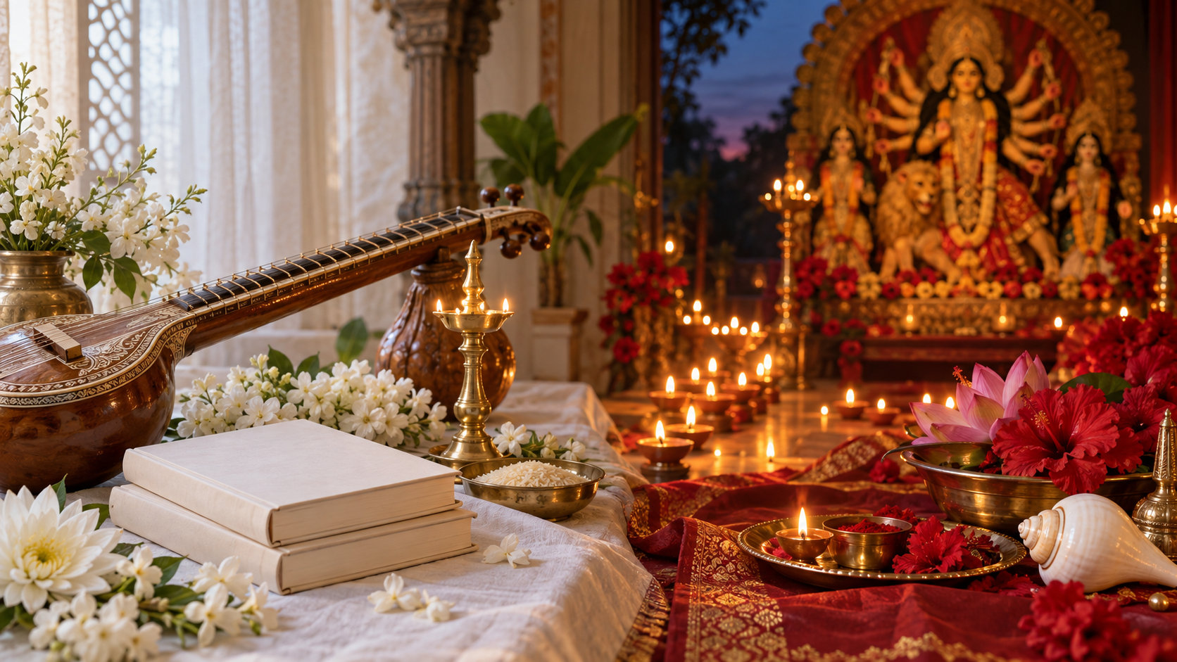 A Saraswati worship arrangement with an instrument and white flowers transitions into a lamp-lit Sandhi Puja setting with red flowers and a conch.
