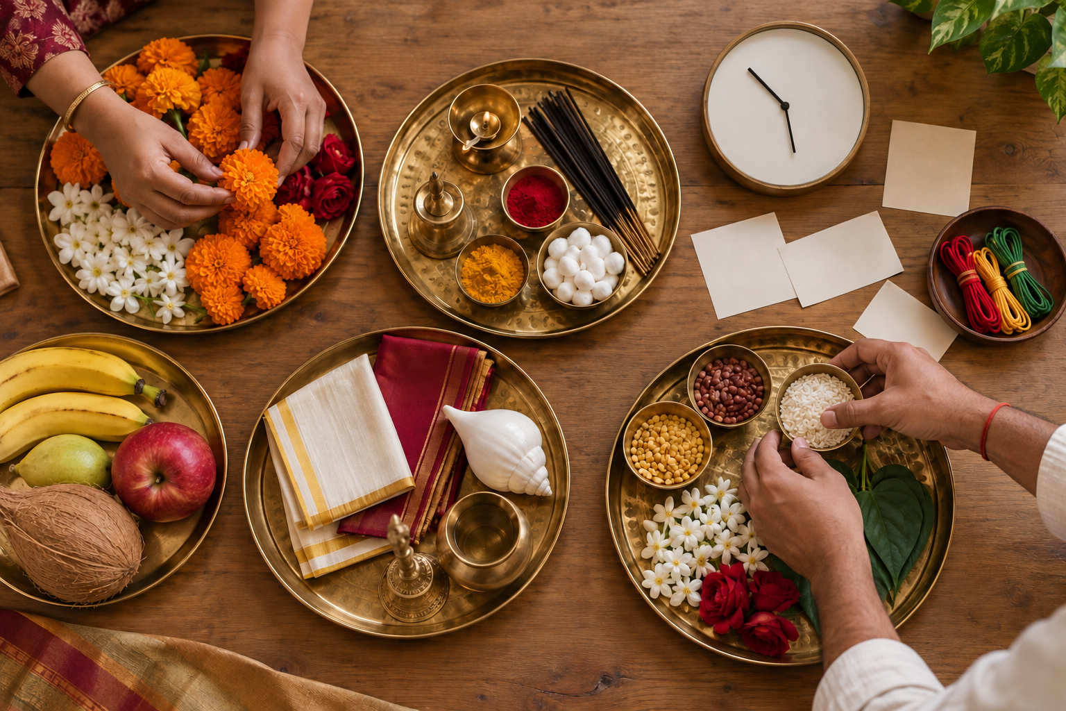 Hands organize flowers, lamps, fruit, cloth, and ritual utensils into separate puja trays beside a plain clock.