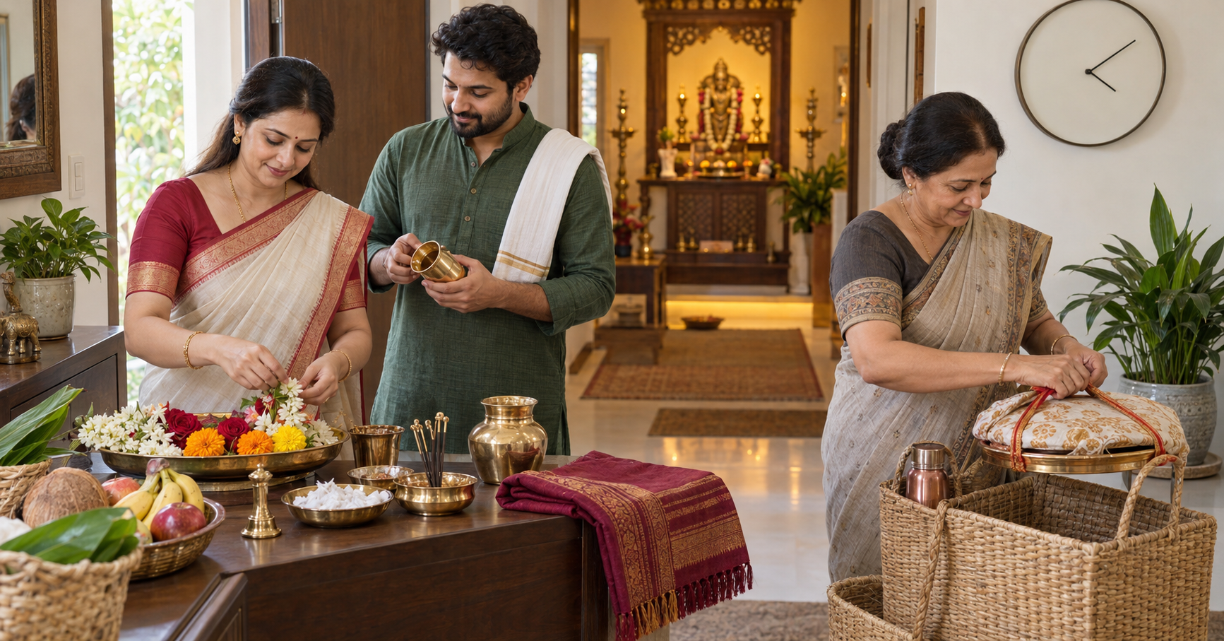 Family members make a final check of flowers, offerings, lamps, vessels, and a covered tray before leaving for worship.