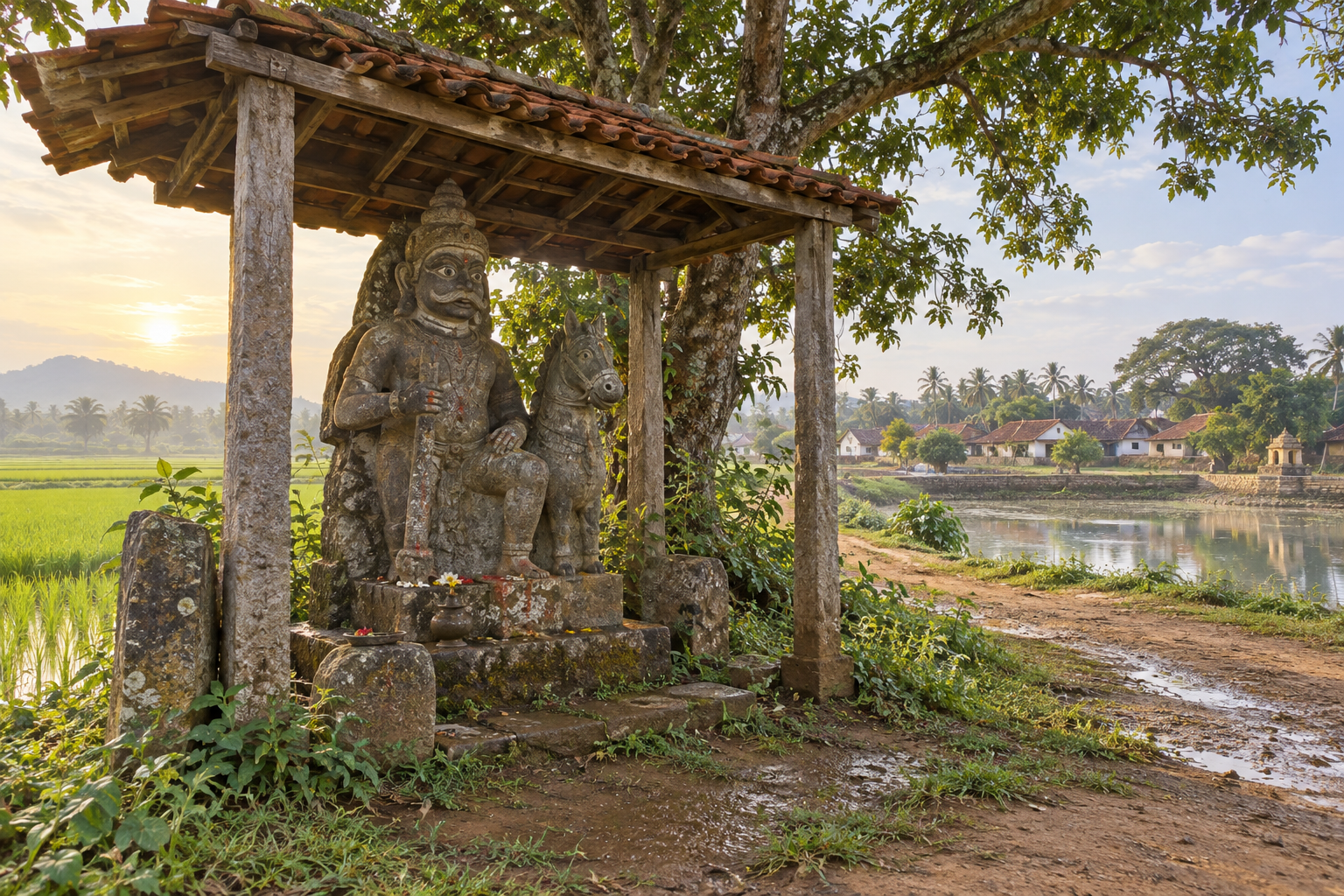 A weathered stone guardian figure in a small boundary shrine overlooking paddy fields, an irrigation tank, and a Tamil village.
