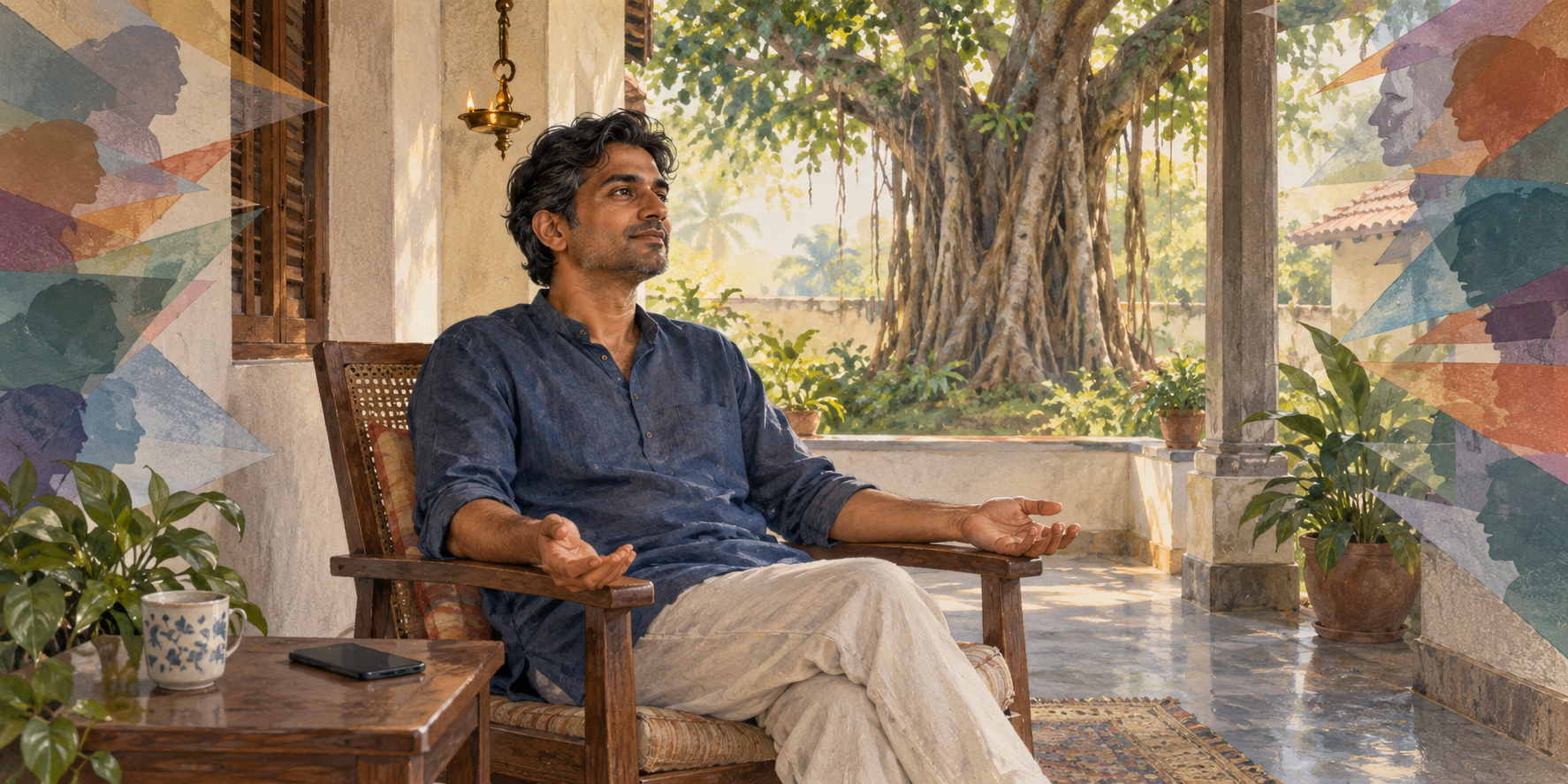 A person sits calmly on an Indian veranda with open hands and a phone placed face down, surrounded at a distance by translucent colored shapes beneath a banyan tree.