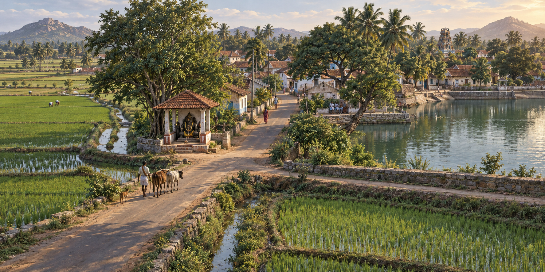 An elevated view of a Tamil hamlet, paddy fields, water tank, and a small guardian shrine positioned beside the approach road.