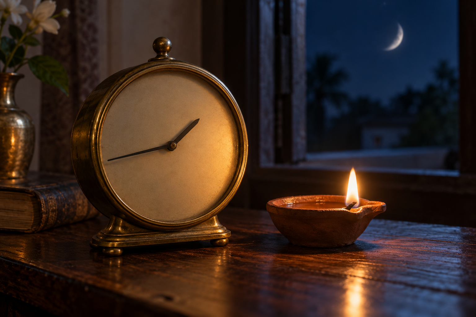 An unnumbered brass clock set near 1:43 beside an oil lamp, with a waxing moon visible through a window.