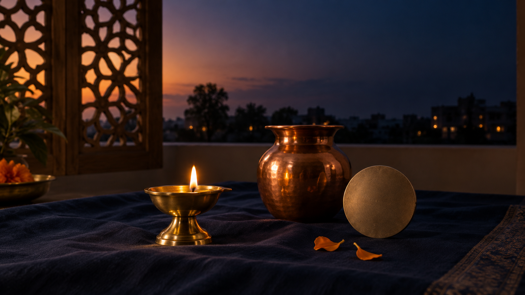 A brass oil lamp, marigold petals, and copper vessel arranged against a sky that changes from twilight to a dark moonless night.