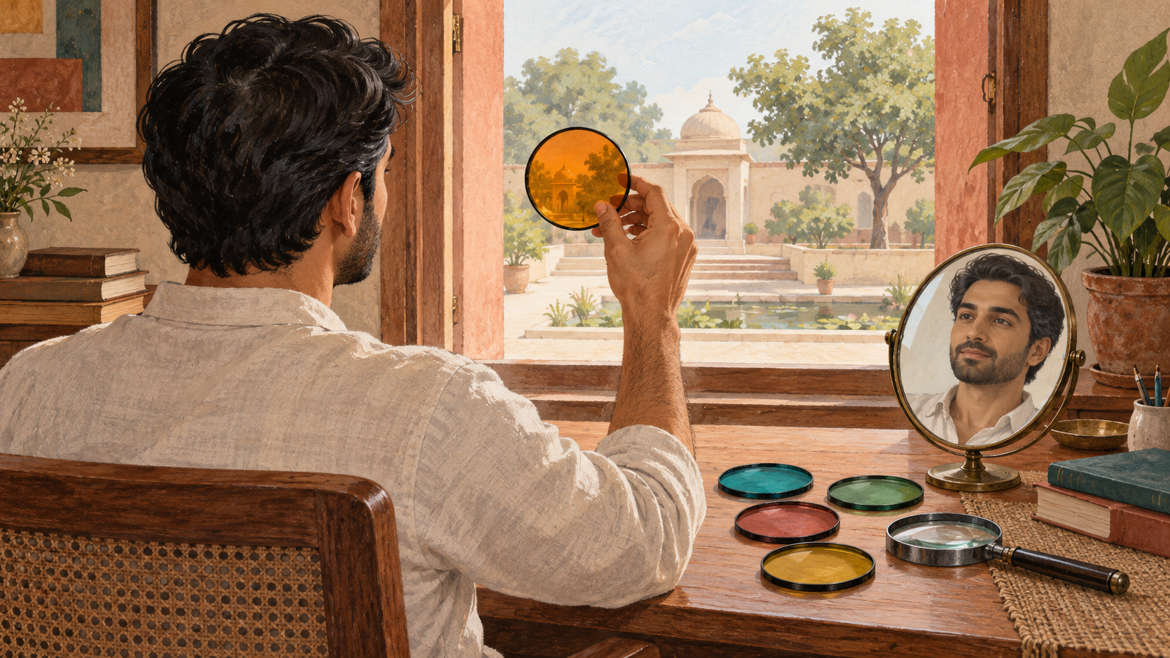 A seated person in a study looks through a removable colored glass lens while other lenses lie on the desk and a mirror reflects their uncovered face.