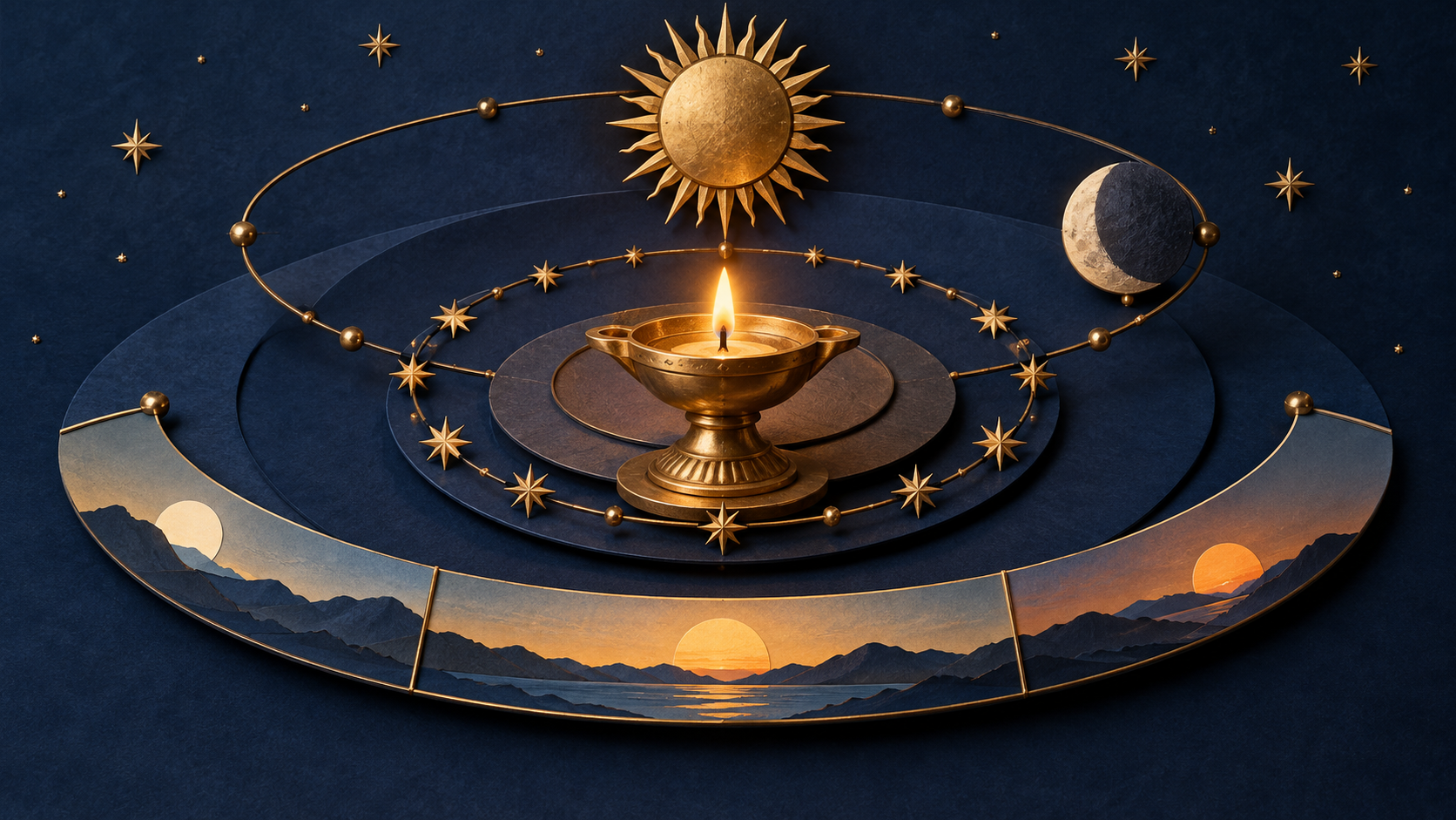 A conceptual celestial instrument layers the sun, waxing moon, stars, and horizon around a central oil lamp.