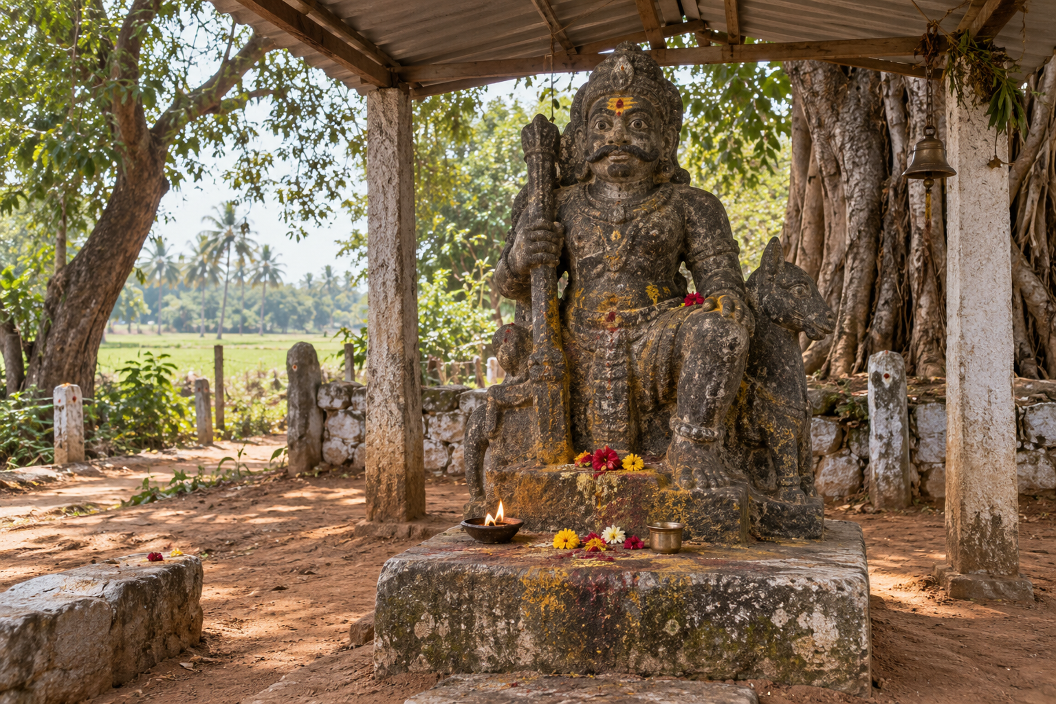 A weathered stone guardian sculpture installed on a pedestal beneath a simple shrine roof with a lamp and fresh offerings.