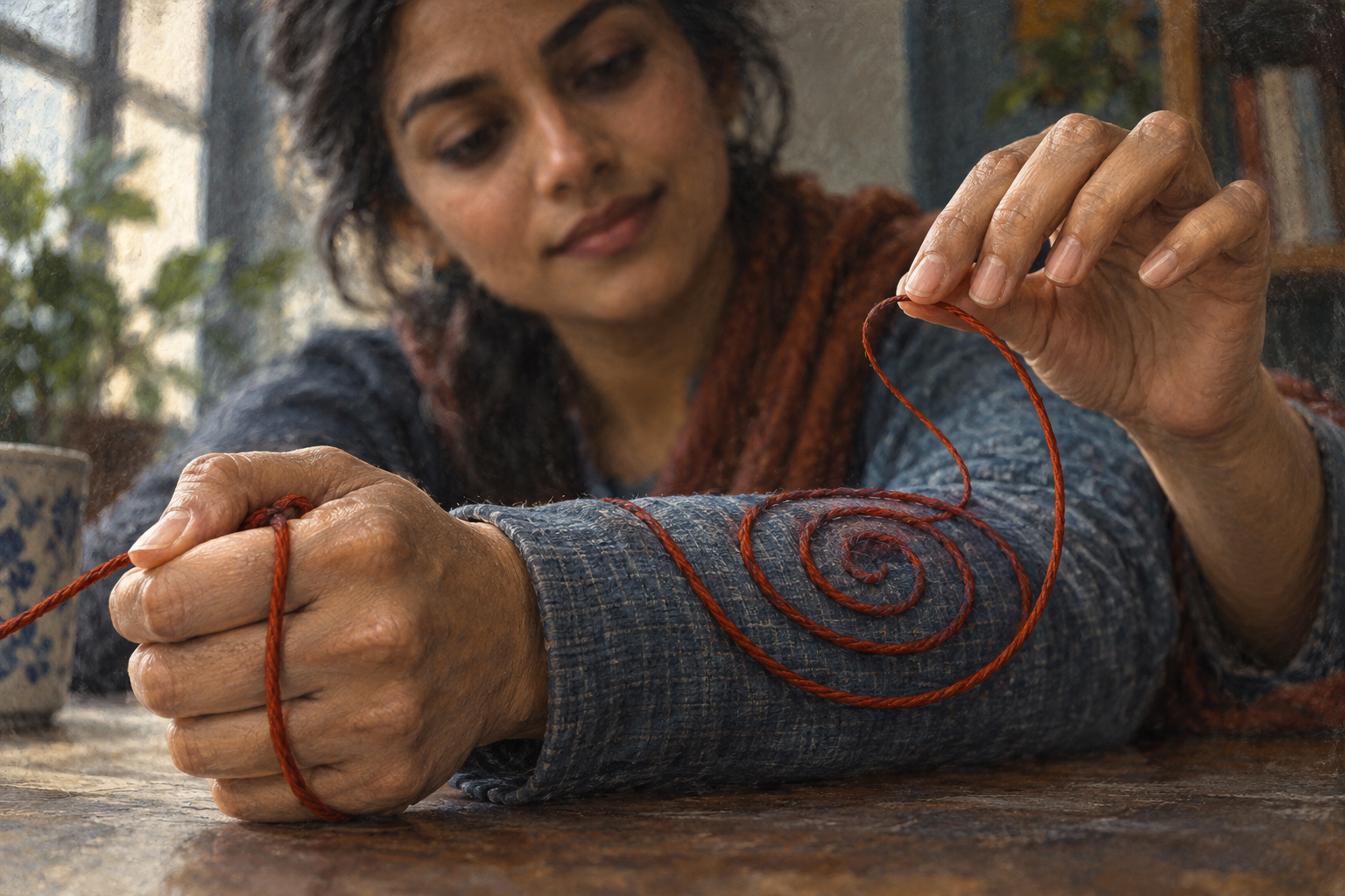 A clenched hand grips a red thread that has wrapped around its wrist while the other hand begins to loosen the loop.