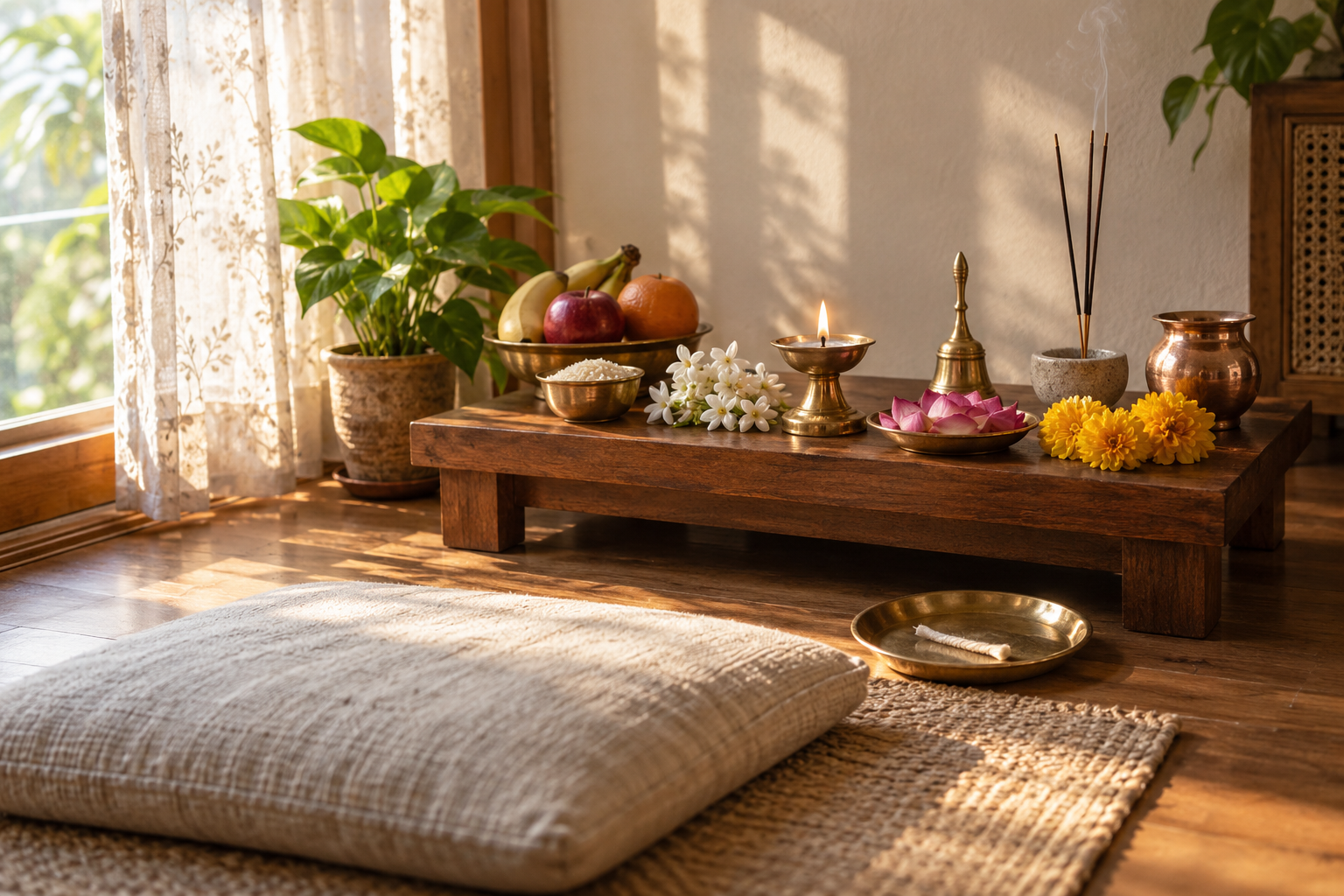 A simple home puja setting with a brass lamp, water vessel, bell, fruit, rice, incense, and fresh flowers in morning light.