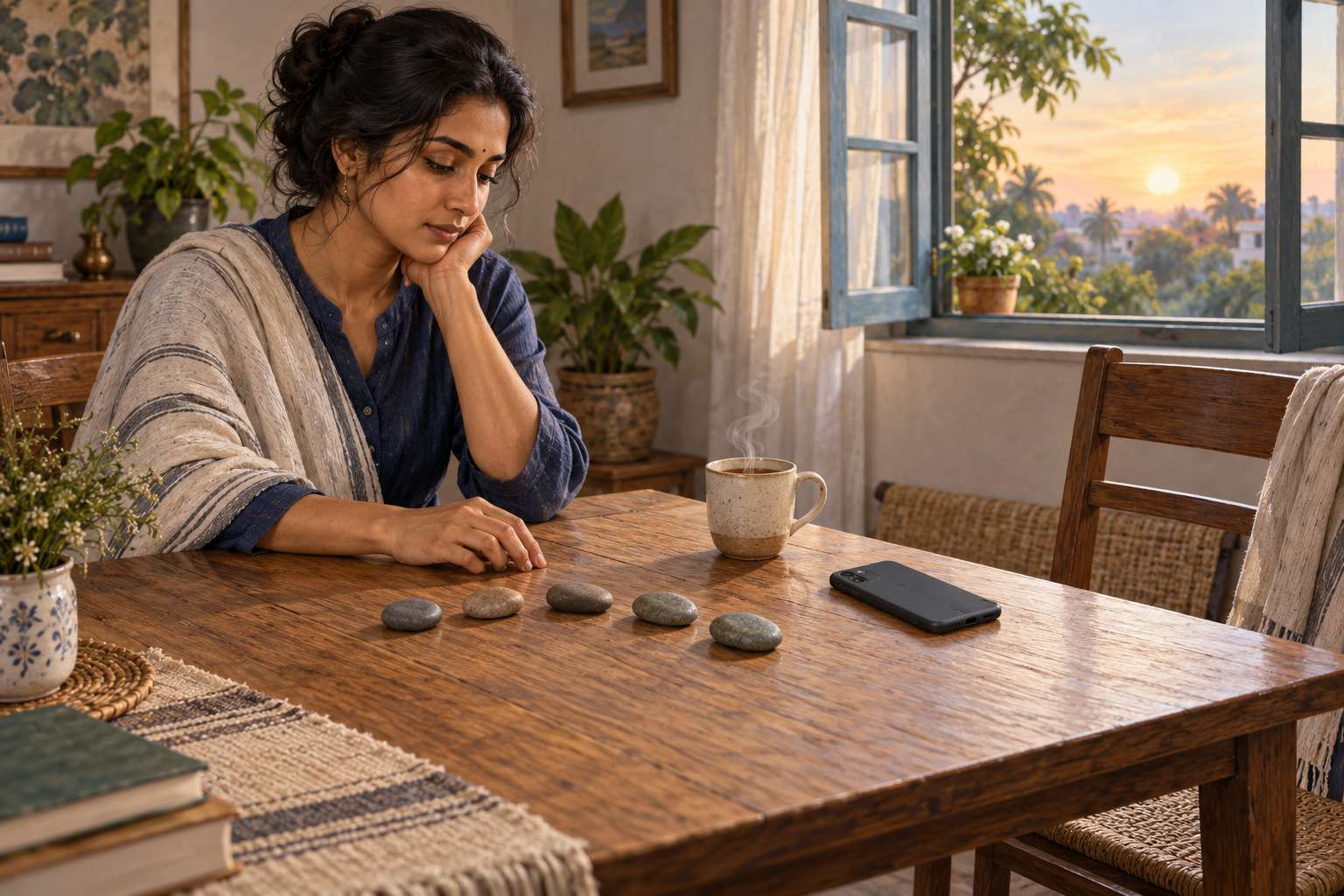 A person pauses at a low table beside a face-down phone, a steaming cup of tea, and five river stones arranged in an arc.