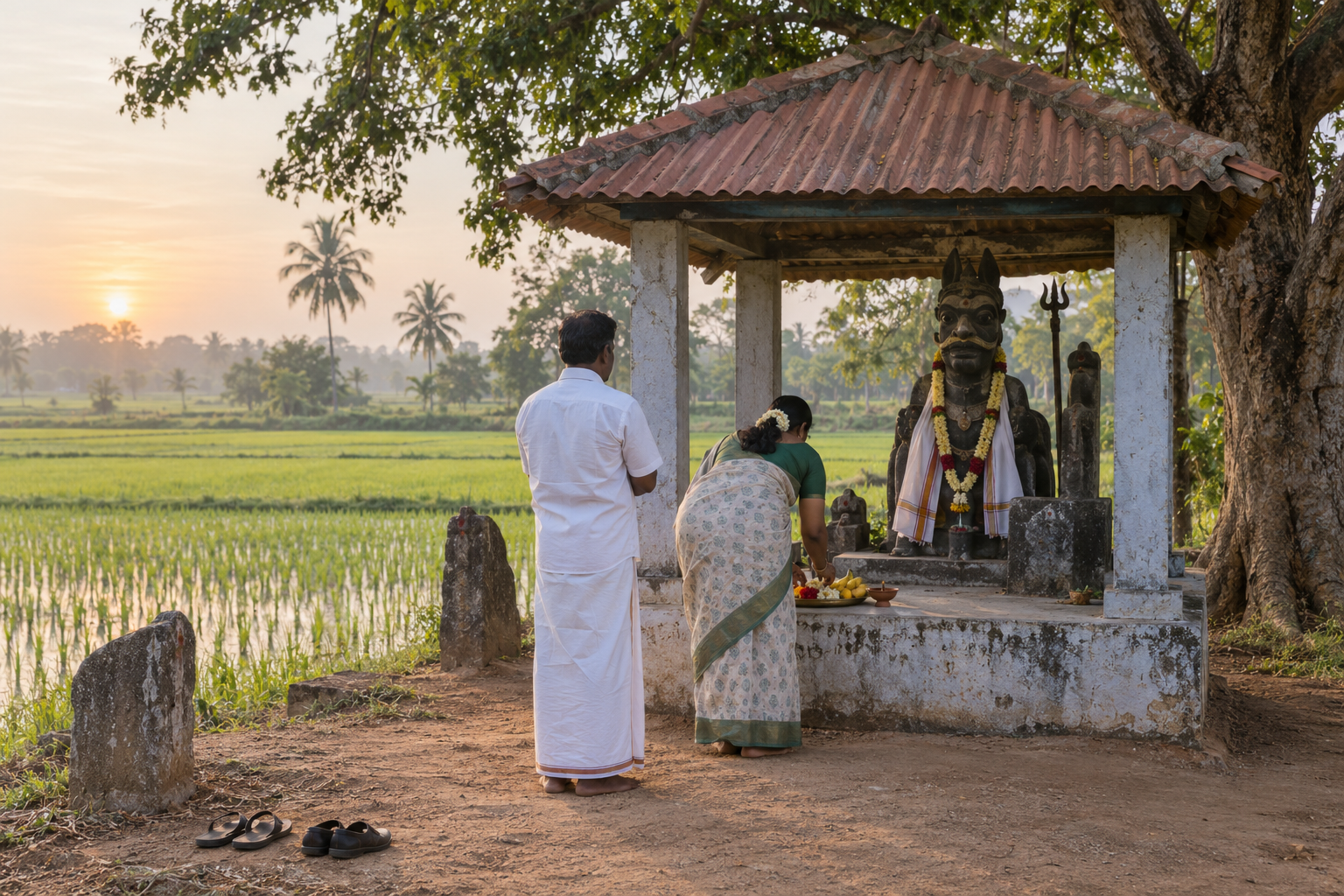 Two visitors respectfully approach a rural boundary shrine, with footwear set aside and a simple tray of flowers and fruit before the stone guardian.