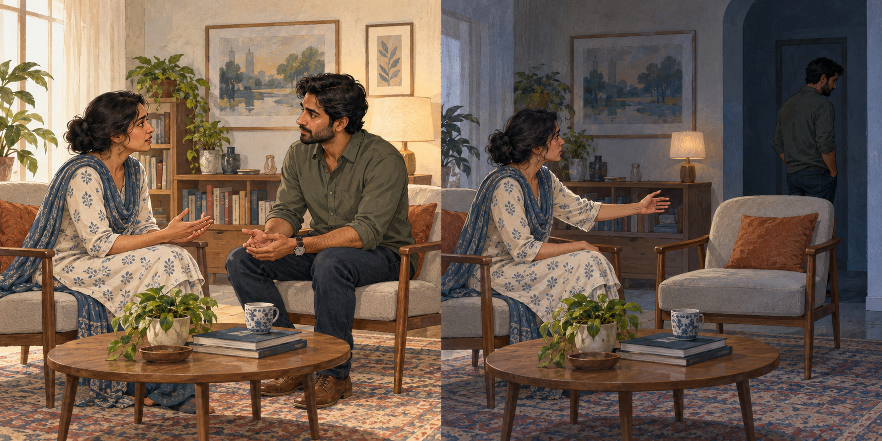 A diptych shows one silent person listening with open posture in a conversation and, in a second scene, turning away into a doorway while an empty chair remains behind.