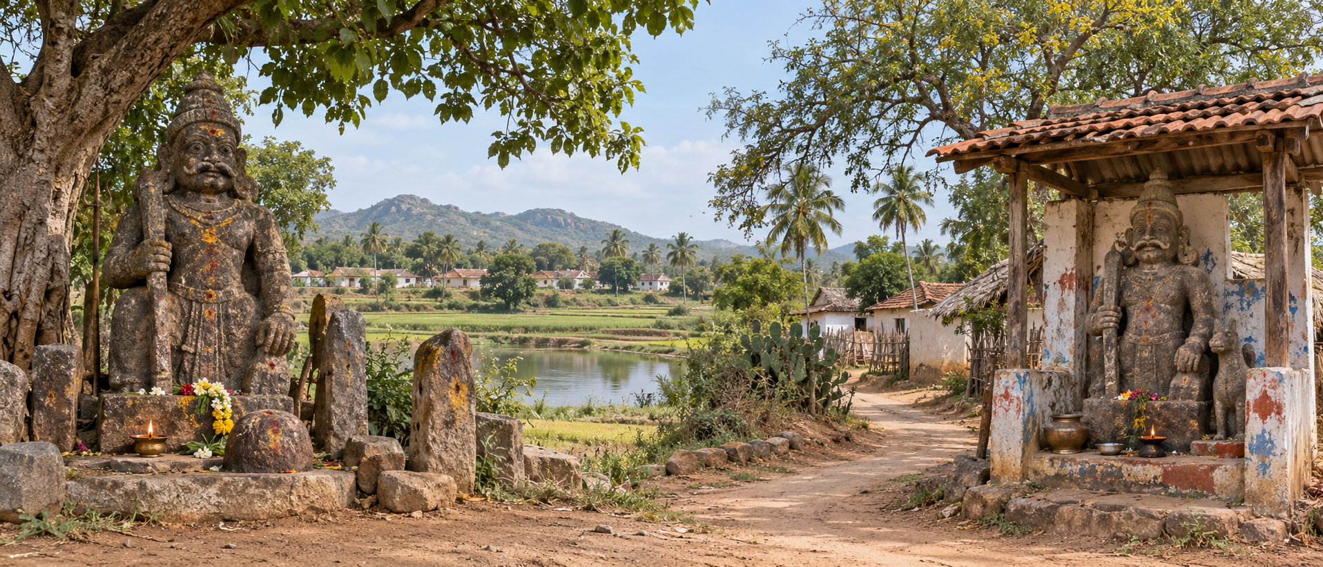 Two rural Tamil boundary shrines with different shelters and surroundings, each centered on an installed stone guardian overlooking the local landscape.