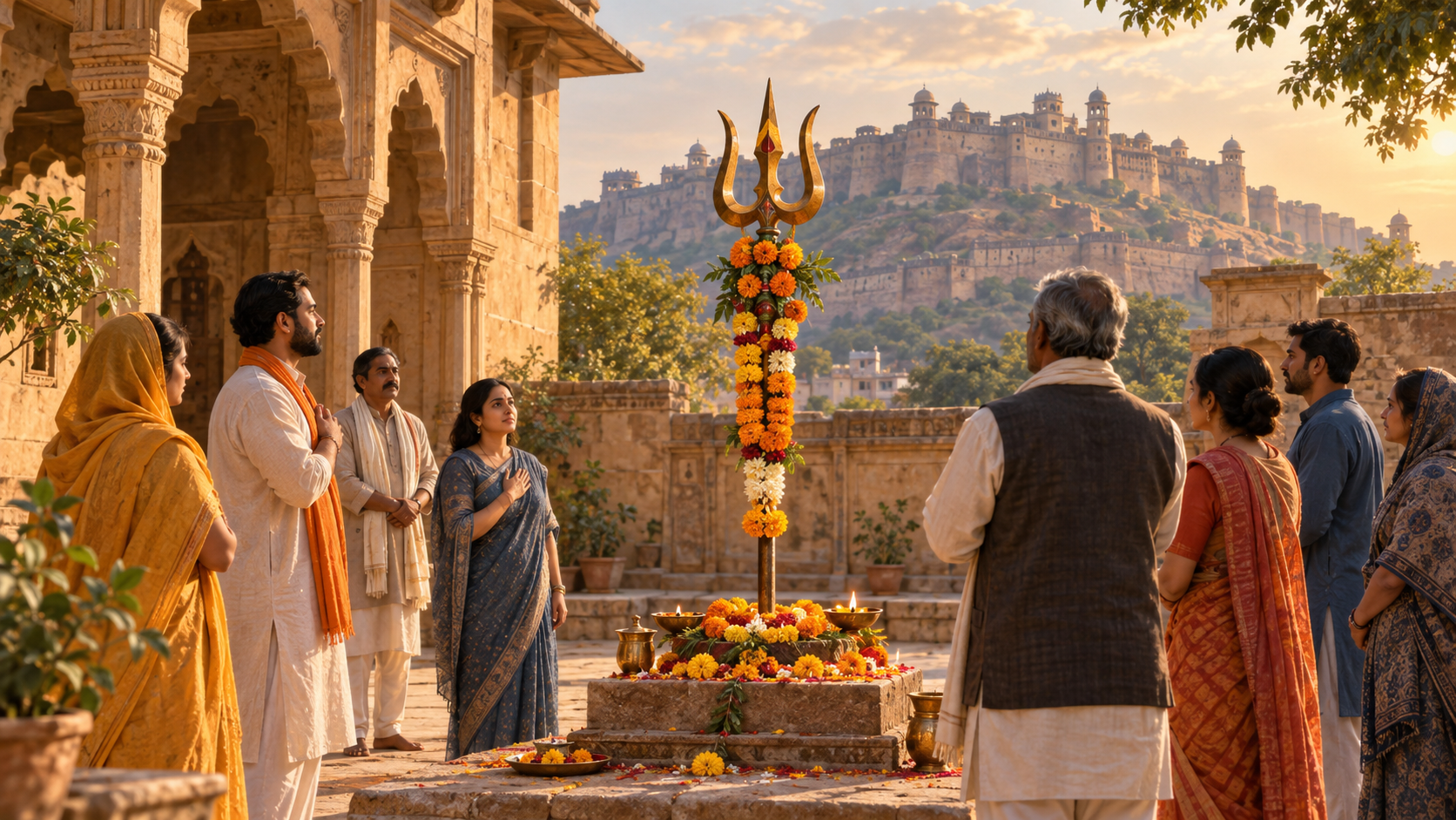 A small gathering stands around a flower-garlanded ceremonial trishul in a sandstone courtyard, with a hill fort visible in the distance.