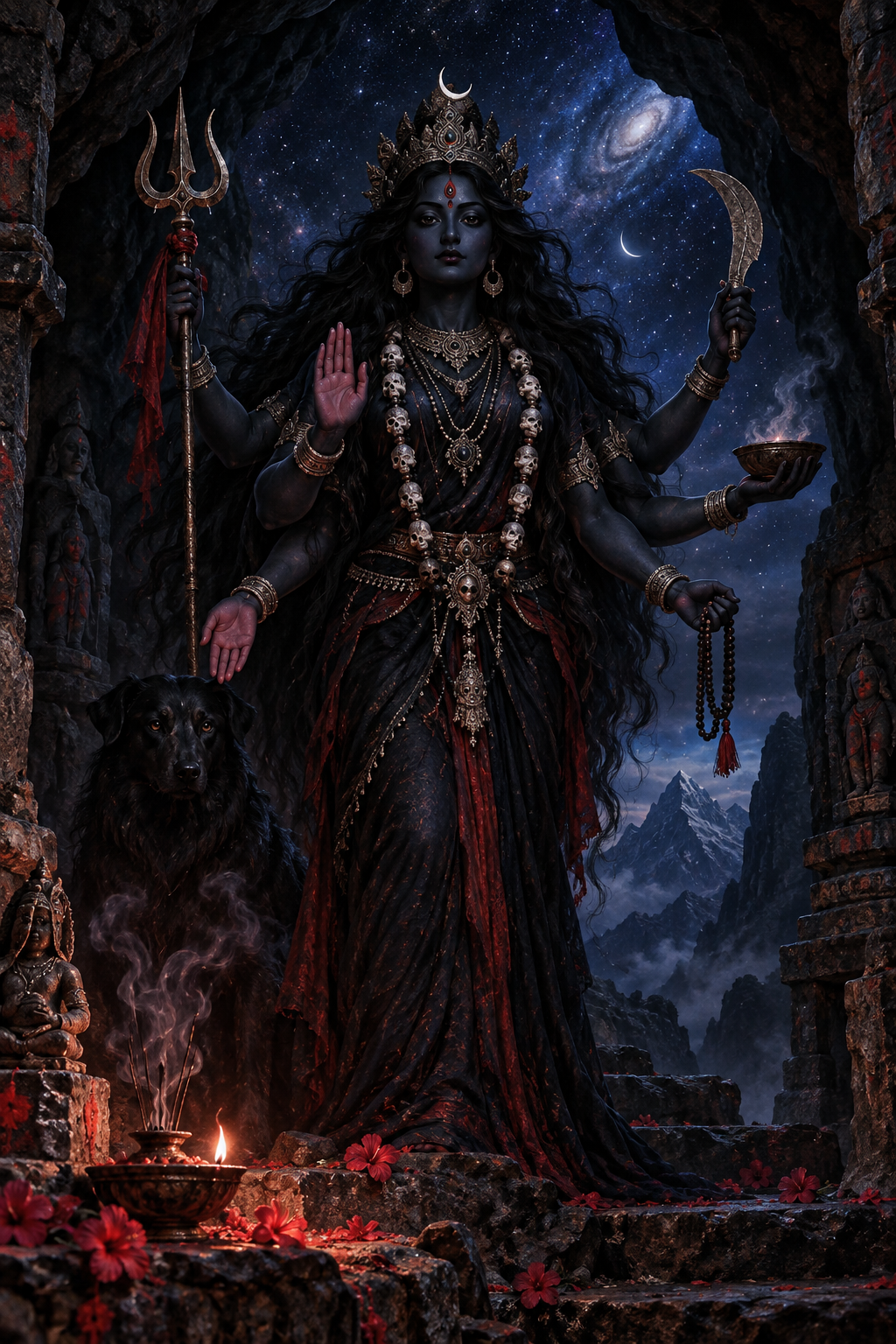 A dark feminine divine figure appears in a cave-temple illuminated by a small oil lamp, red hibiscus petals, and a starry indigo glow.