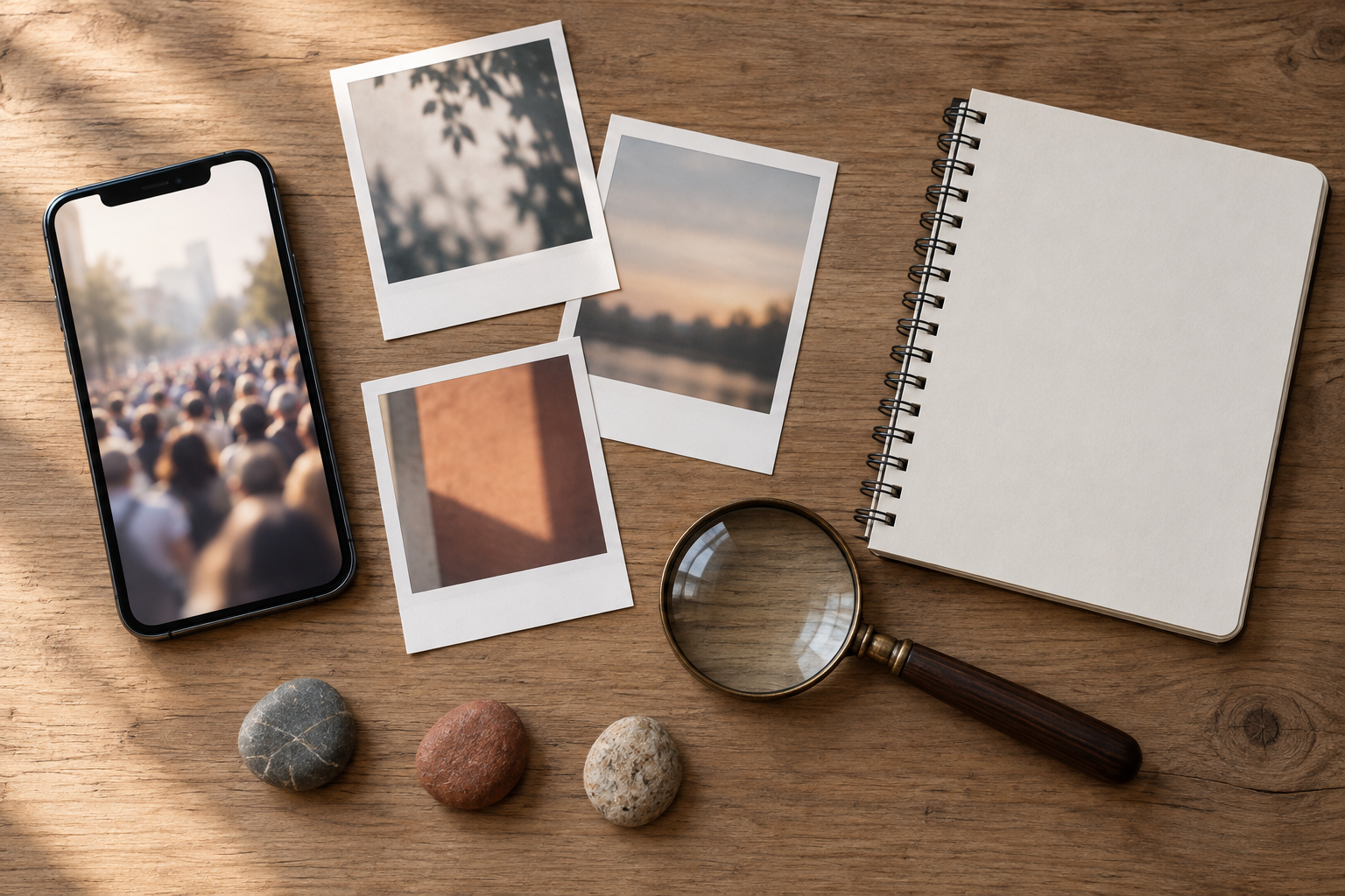 A magnifying glass, smartphone, blank notebook, and unmarked photographs are arranged on a desk for examining evidence.