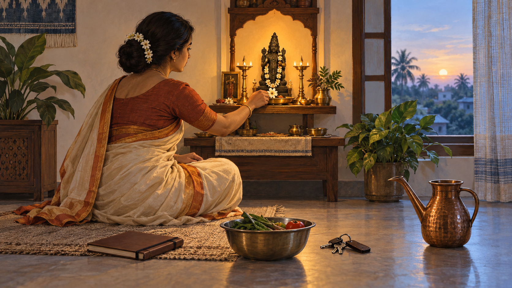 An Indian householder offers a flower at a small home shrine beside a lamp and objects used for everyday responsibilities.