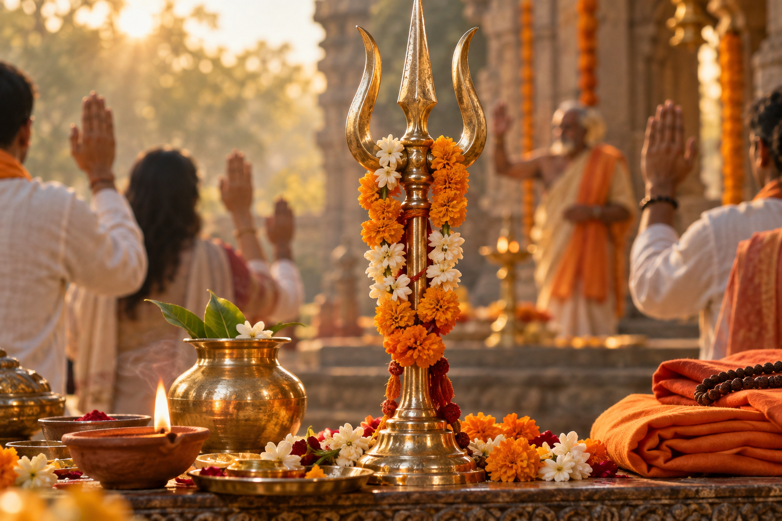 A garlanded ceremonial trishul, clay lamp, brass vessel, and flower petals appear before participants making an open-hand pledge gesture.
