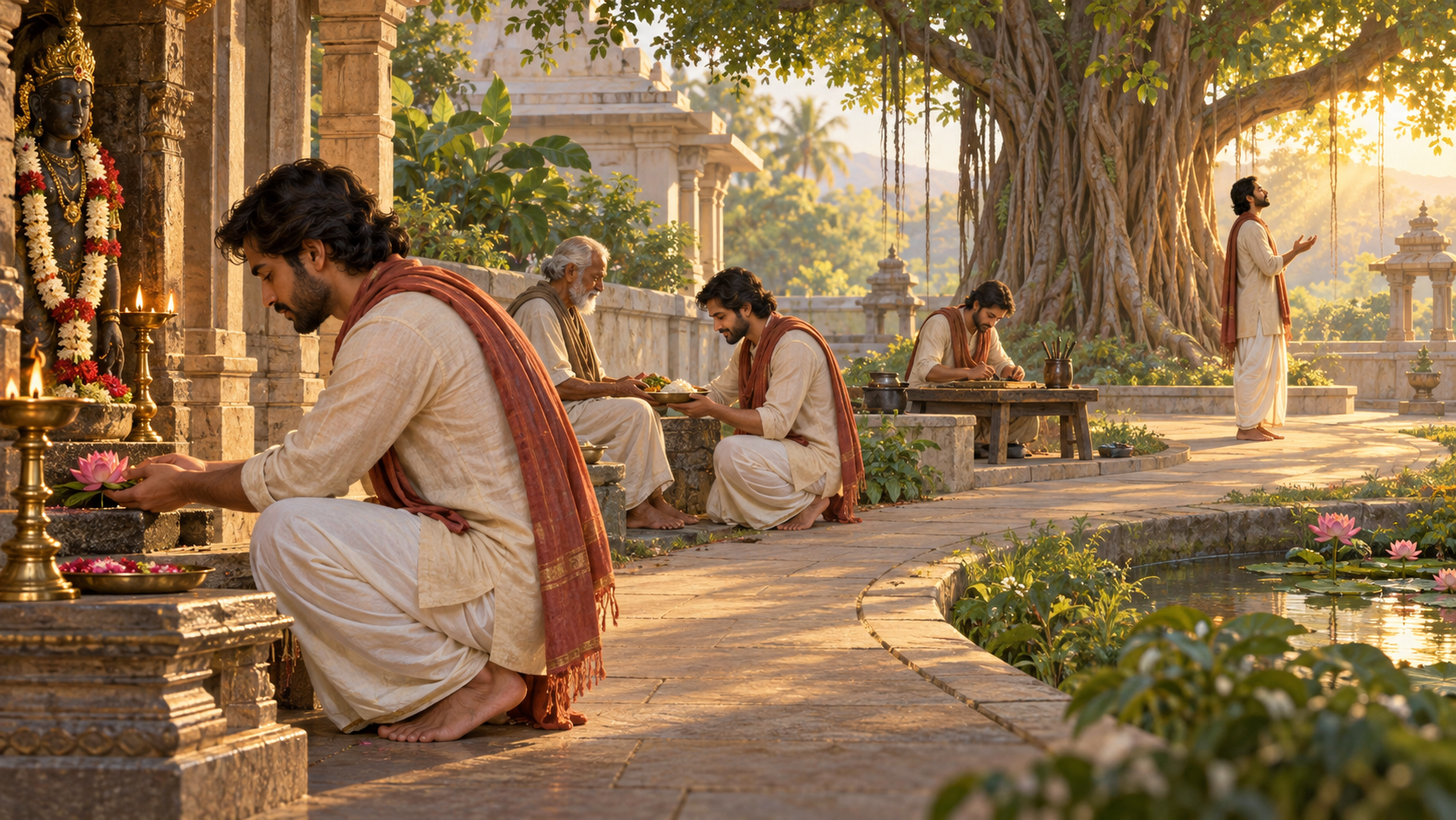 Four connected scenes show the same devotee offering a flower, serving a meal, working attentively and standing in prayer with open palms.