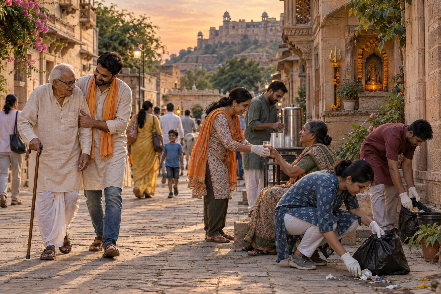 Community volunteers help an older pedestrian, hand out water, and clean a neighborhood lane while a ceremonial trishul rests near a shrine in the background.