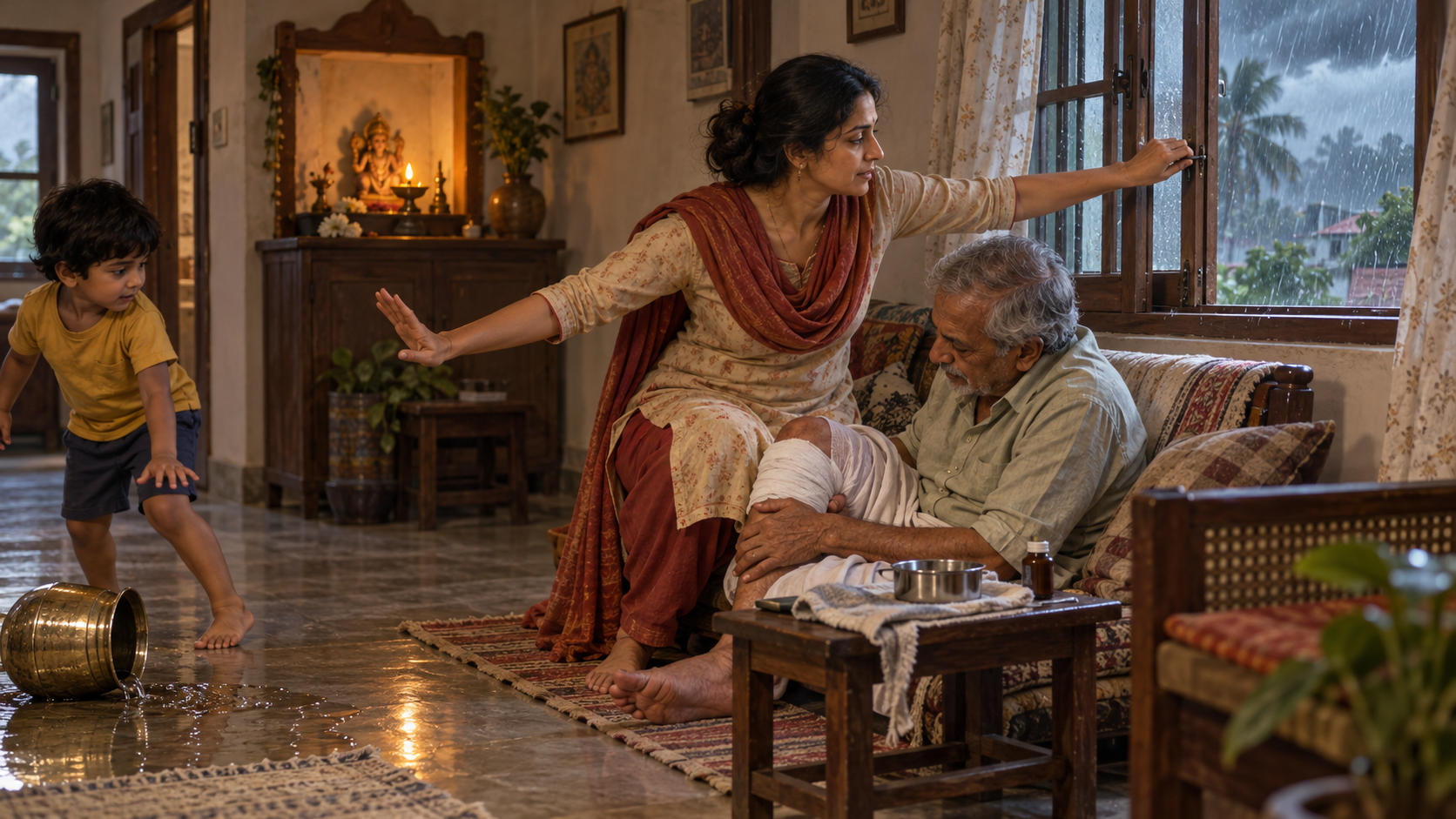 An adult in an Indian home cares for an injured relative, guides a child away from a spill and closes a window as rain approaches.