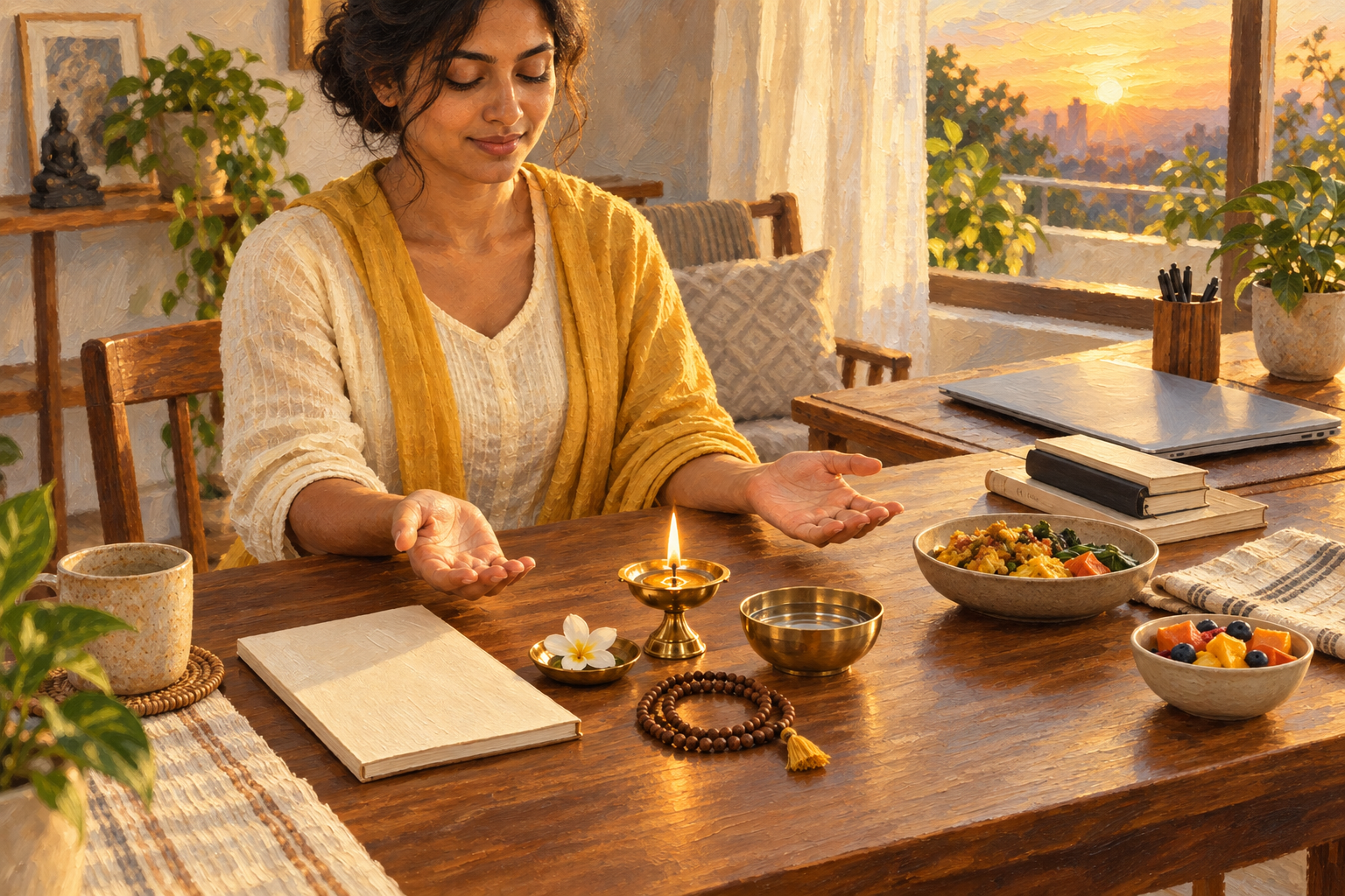 A person pauses with open palms at a morning table holding a lamp, flower, water bowl, prayer beads, blank journal, prepared food and work materials.