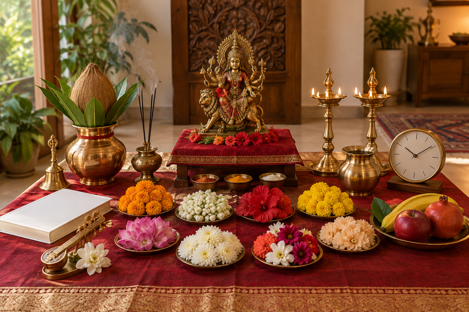 A home Navratri altar with a brass Devi murti, nine flower clusters, puja vessels, a blank book with white flowers, two oil lamps, and an unnumbered clock.