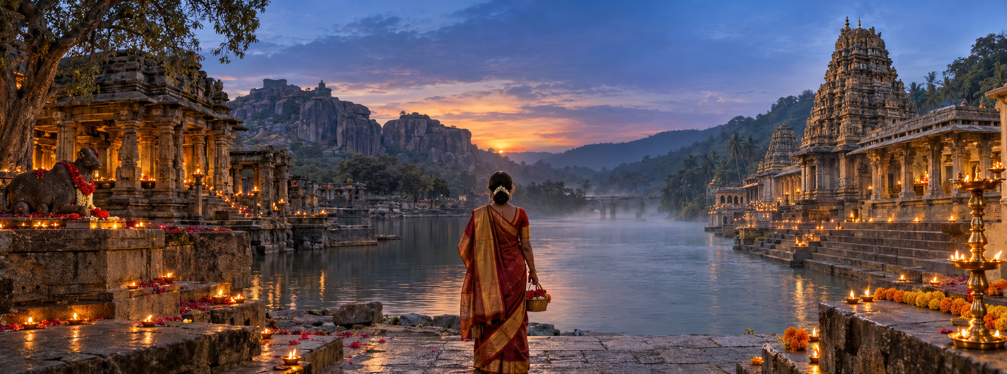 A pilgrim stands between a lakeside stone temple setting in Warangal and the Sringeri temple complex beside the Tunga River, both illuminated for Navratri.