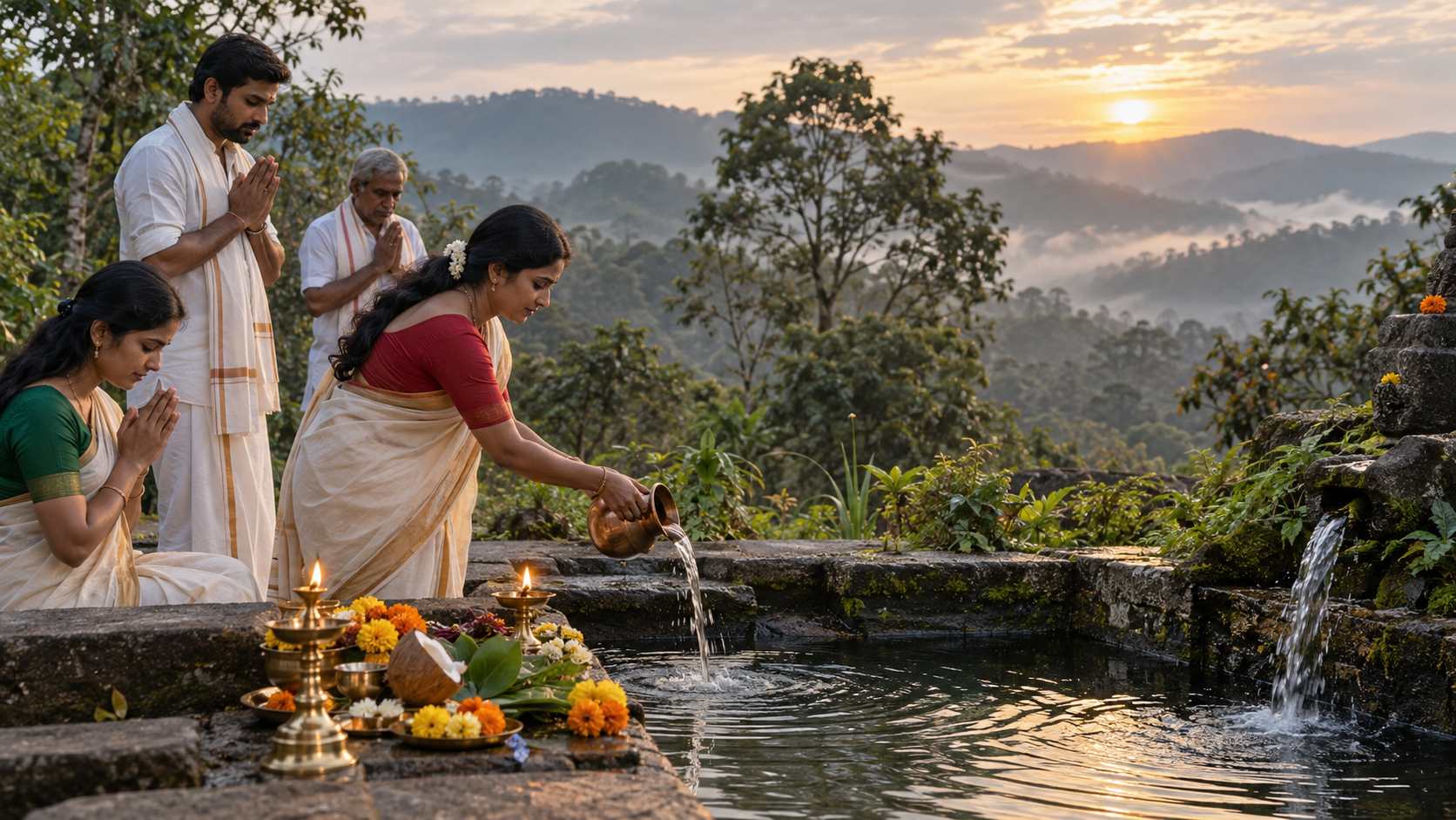 Devotees make a water offering beside a sacred spring in the misty Kodagu hills at sunrise, with oil lamps, flowers, coconuts, and a copper vessel.