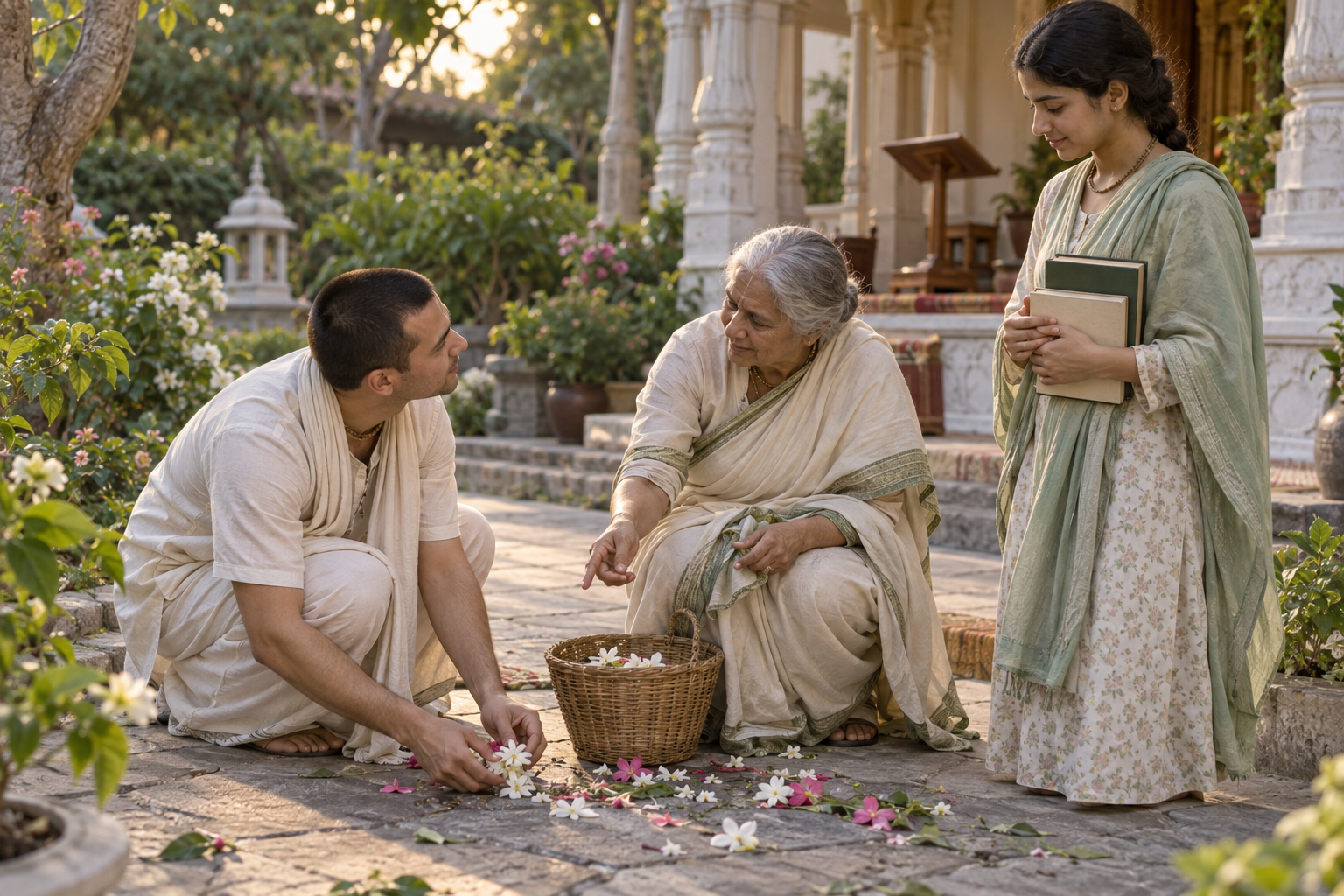 A practitioner helps an older devotee gather flowers in a temple garden while a younger participant holds their closed sacred books.