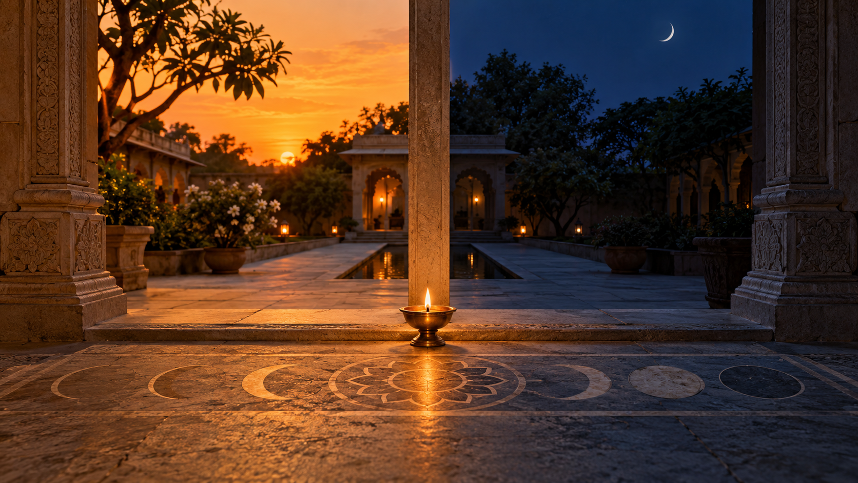A glowing oil lamp stands on a courtyard threshold between amber dusk and deep indigo night.