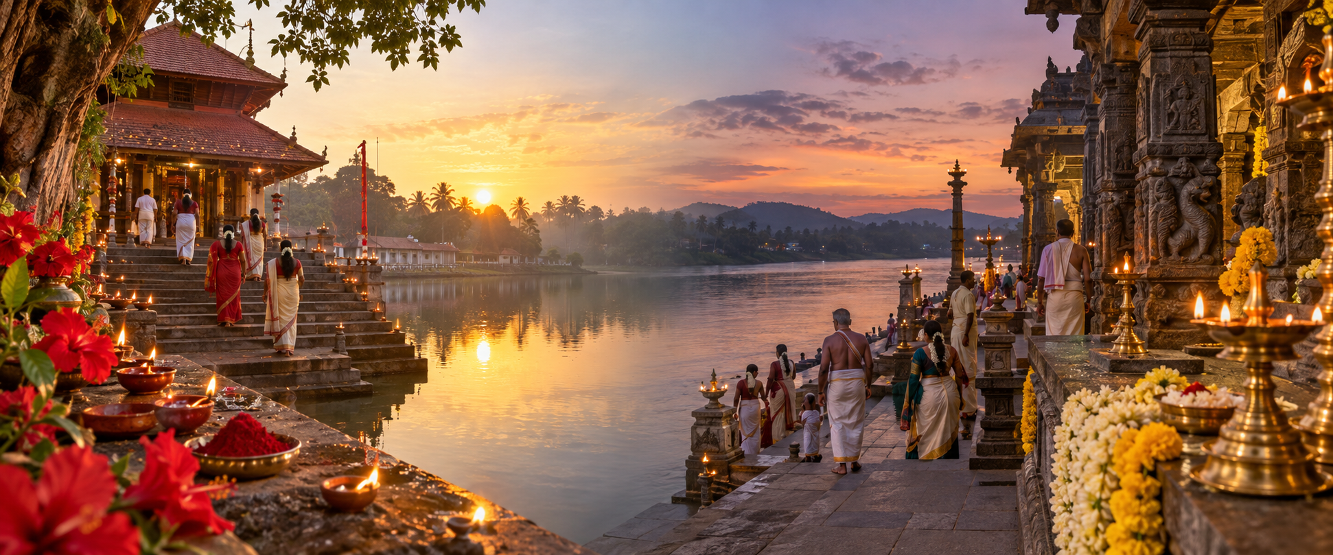 Bhadrakali temple offerings near a lakeside approach are paired with lamps, flowers, carved pillars, and river steps at Sringeri.