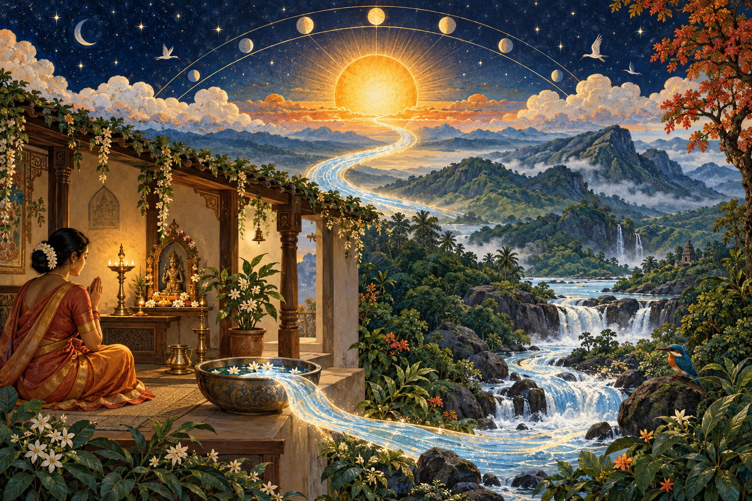 Symbolic illustration of the sun above a home prayer setting and a spring in green hills, linked by a continuous ribbon of water.