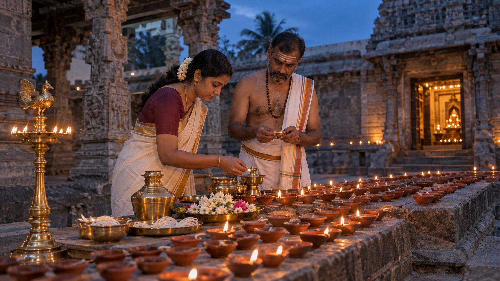 A devotee and temple priest stand beside orderly rows of earthen oil lamps in a Shiva temple courtyard at twilight.
