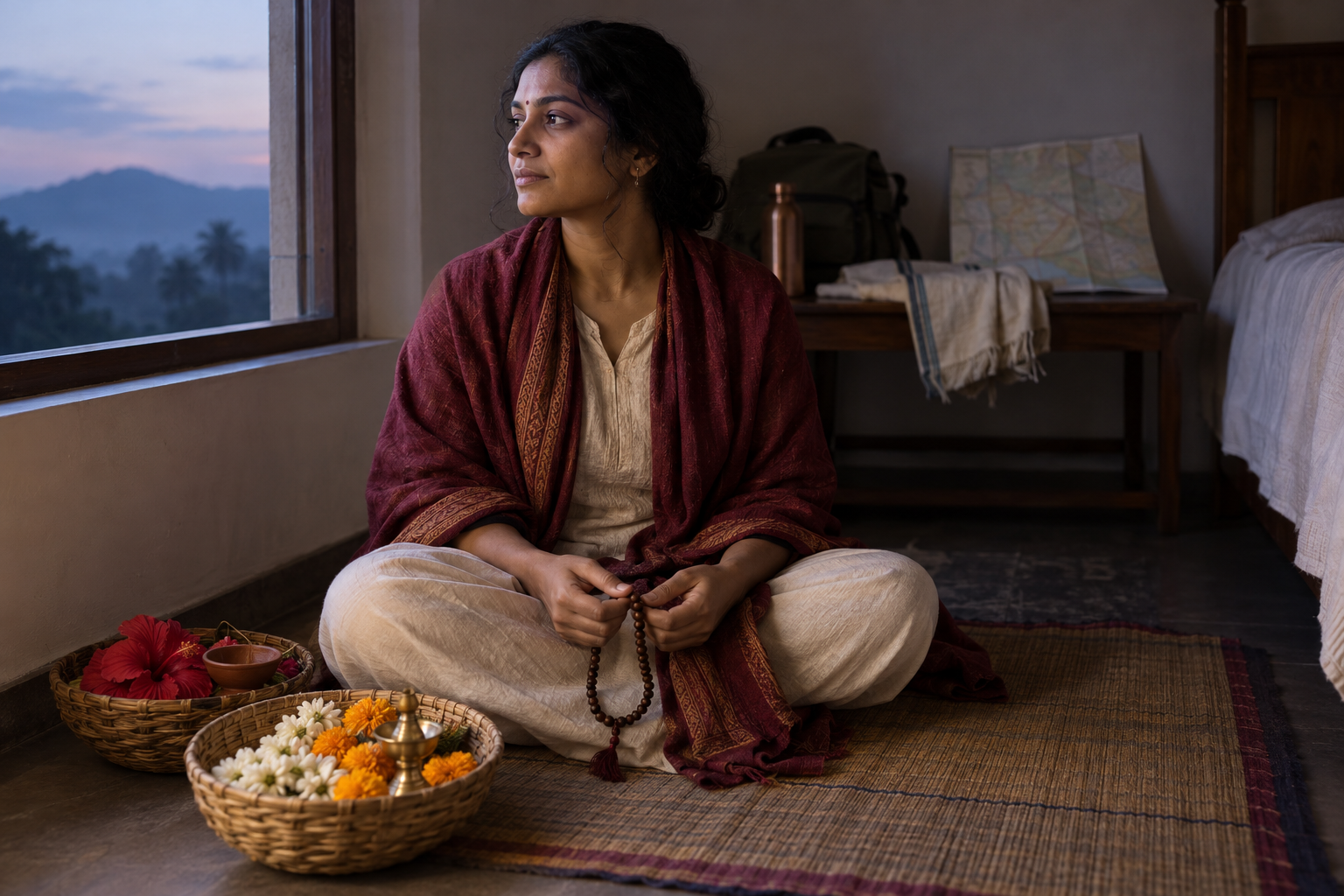 A seated pilgrim reflects with prayer beads beside two flower-and-lamp offering baskets before choosing a temple journey.