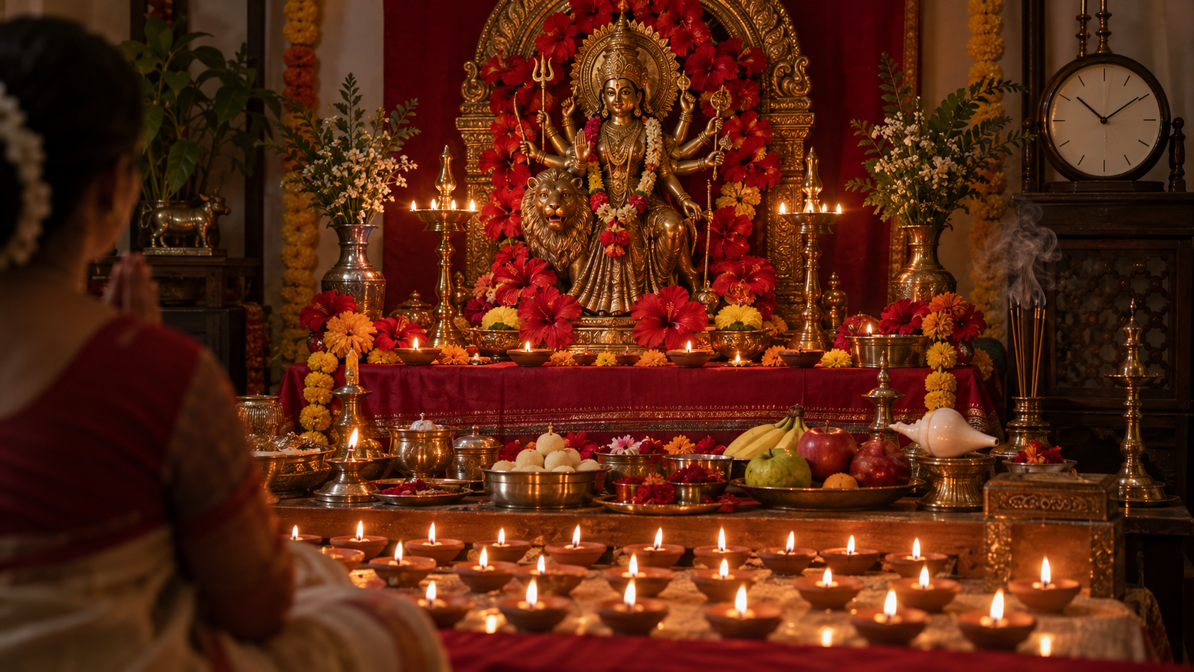 A prepared Sandhi Puja altar with a brass Devi murti, red flowers, rows of clay lamps, offerings, an unnumbered clock, and a worshipper waiting with folded hands.