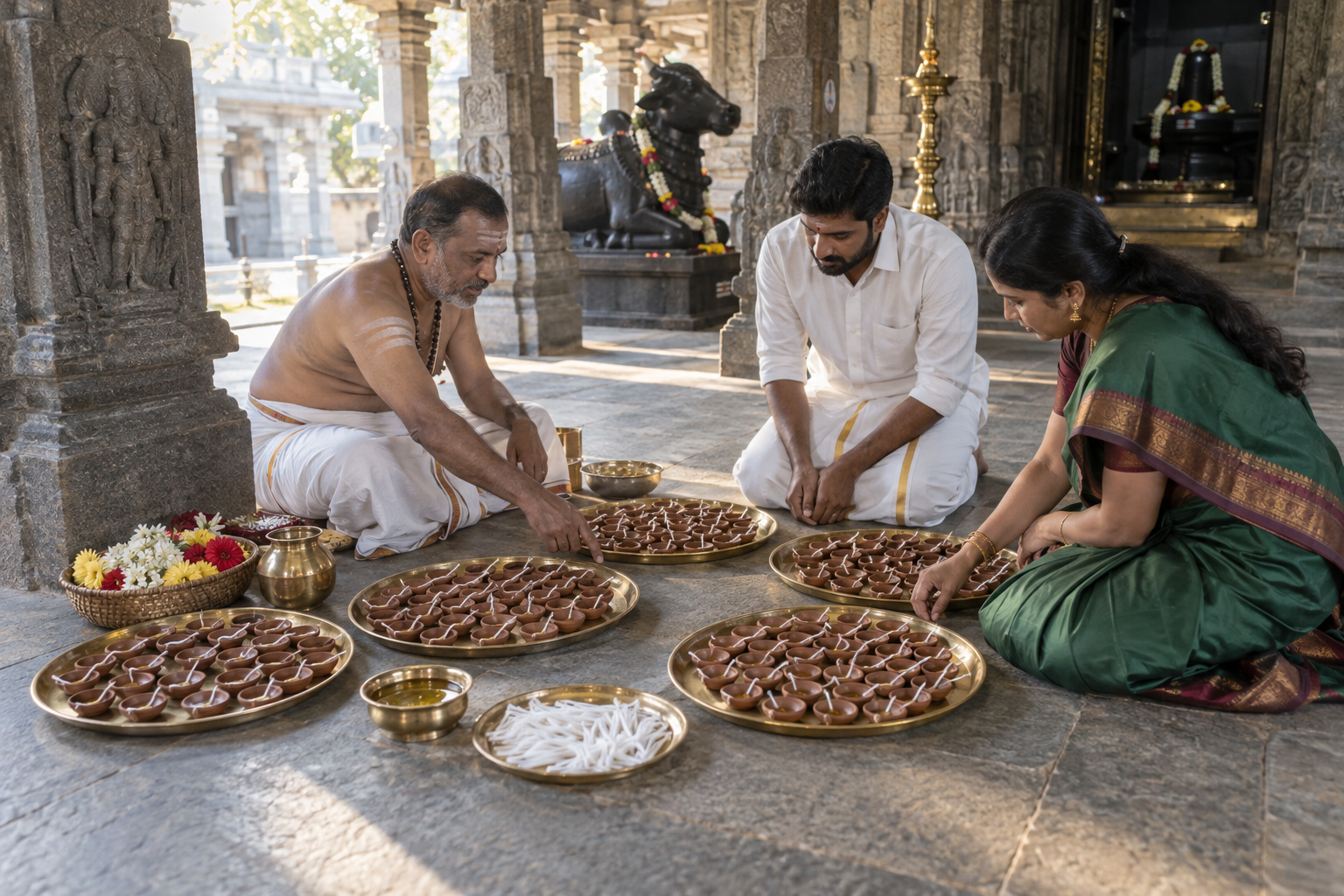 A temple priest and family members organize earthen lamps into separate groups on brass trays before a temple offering.