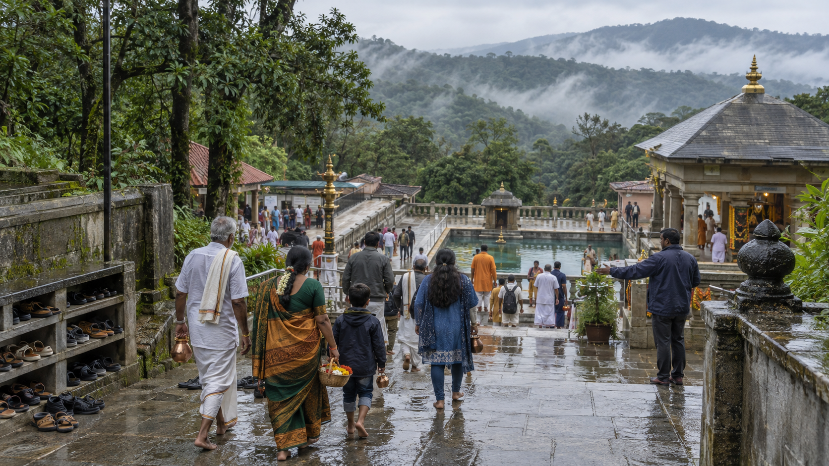 Pilgrims carrying flowers and copper vessels walk along misty stone paths toward a sacred spring and temple courtyard in the green Brahmagiri hills.