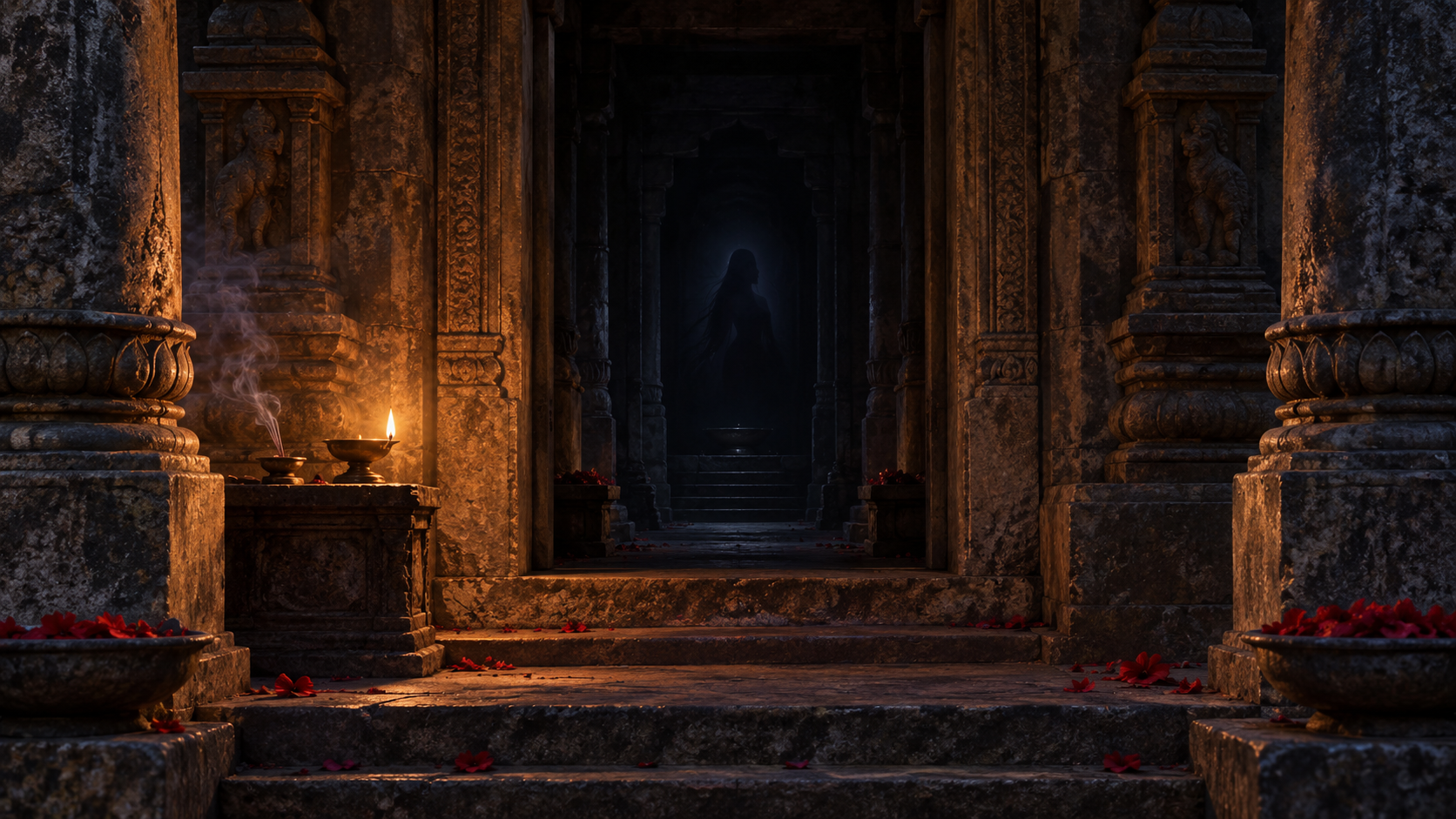 A lamp-lit stone sanctuary leads through a narrow passage toward a faint feminine silhouette in deep indigo darkness.