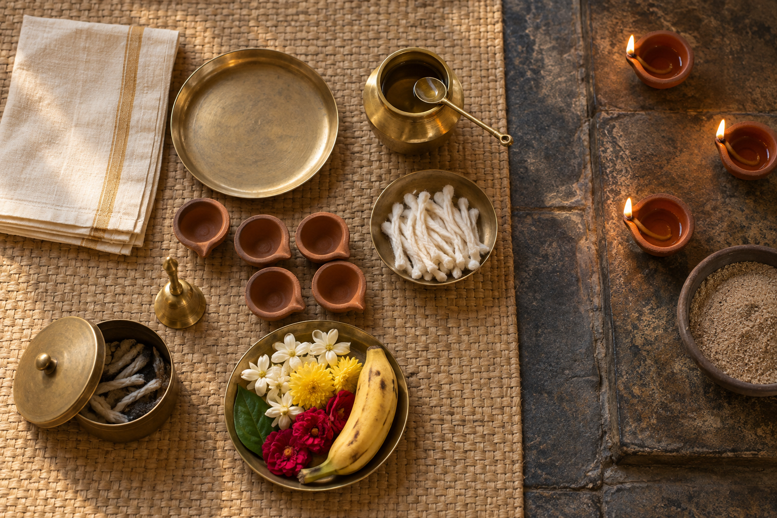 Earthen lamps, cotton wicks, oil, flowers, fruit, and brass puja vessels are arranged neatly beside a separate safe lamp-lighting area.