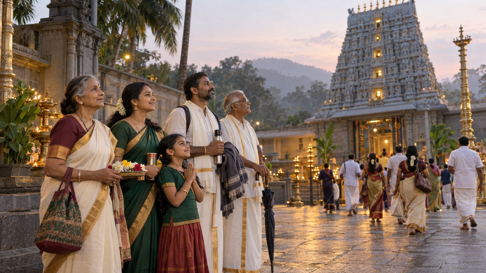 A family with compact bags and flower offerings waits outside a temple at dawn before morning worship.